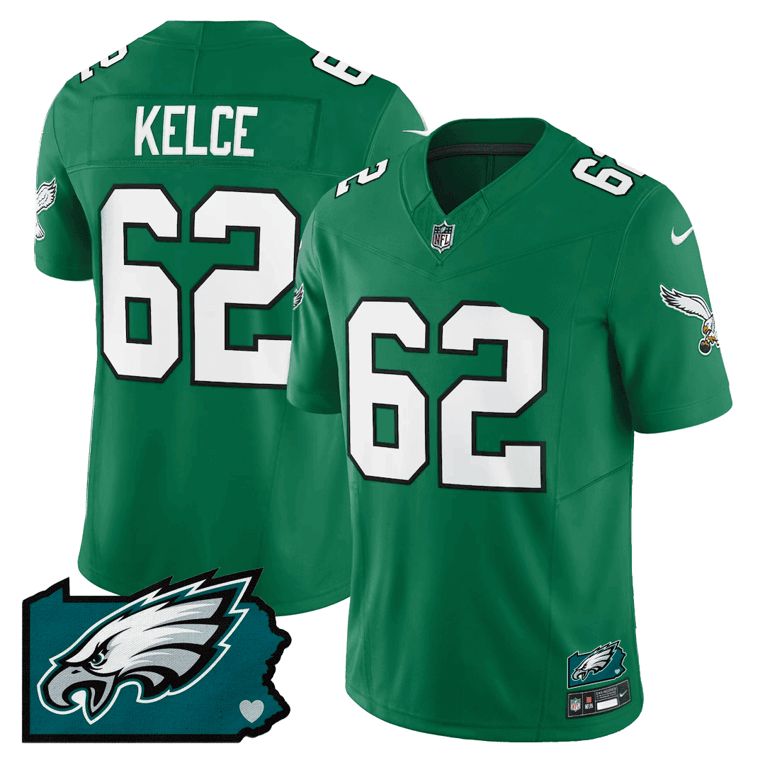 Jason Kelce Men's Philadelphia Eagles Pennsylvania State Map Patch Kelly Green Jersey - All Stitched