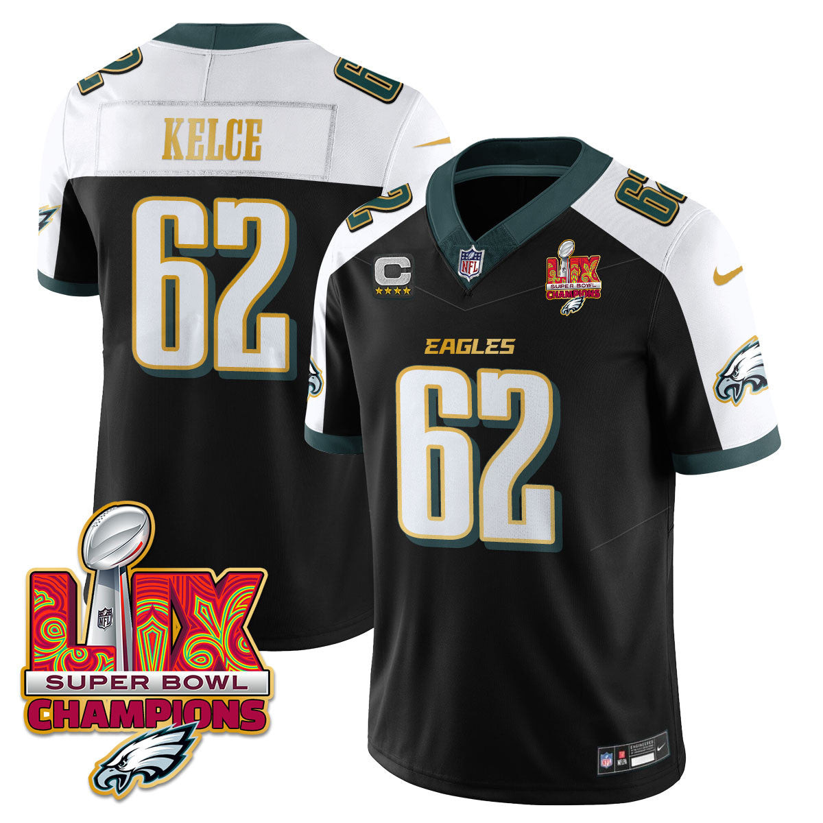 Jason Kelce Men's Philadelphia Eagles Super Bowl LIX Champions Gold Trim Vapor Limited Black Alternate Jersey - All Stitched