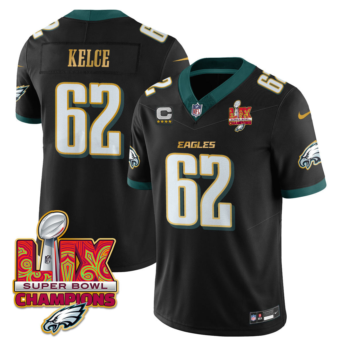 Jason Kelce Men's Philadelphia Eagles Super Bowl LIX Champions Gold Trim Vapor Limited Black Jersey - All Stitched