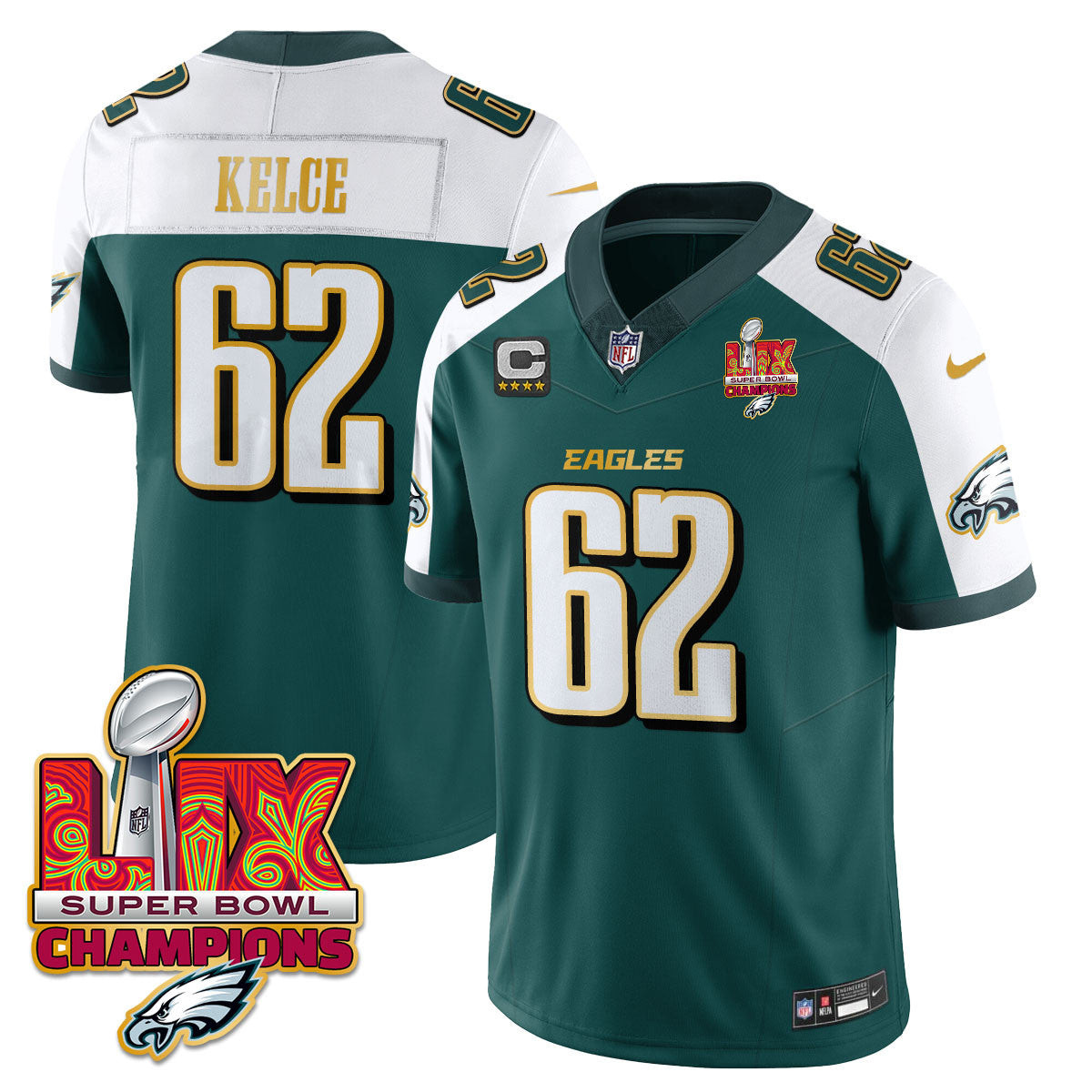 Jason Kelce Men's Philadelphia Eagles Super Bowl LIX Champions Gold Trim Vapor Limited Green Alternate Jersey - All Stitched