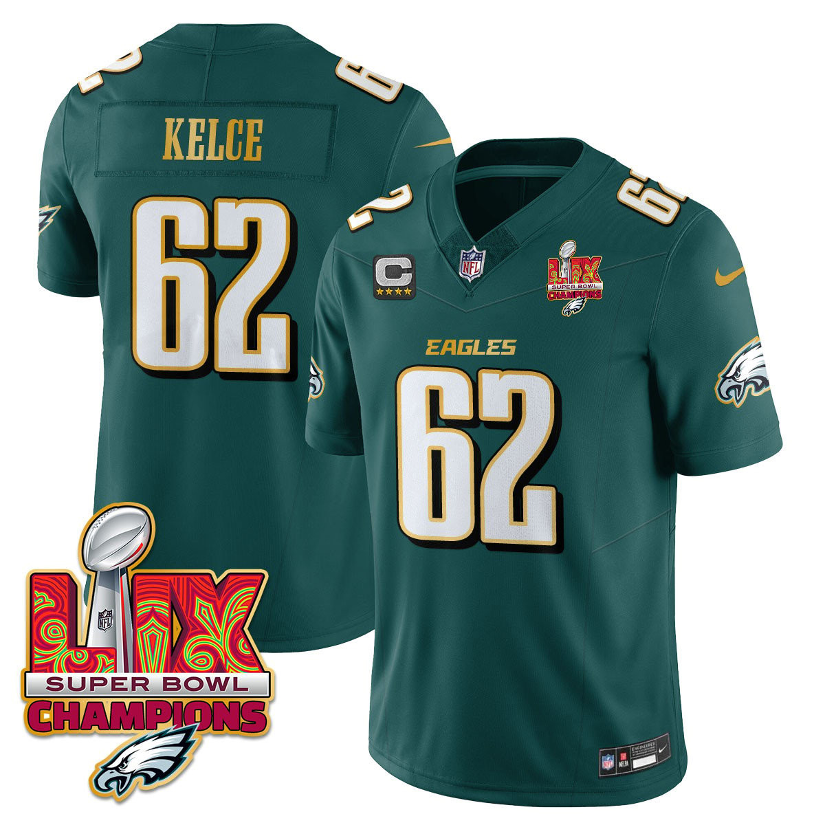 Jason Kelce Men's Philadelphia Eagles Super Bowl LIX Champions Gold Trim Vapor Limited Midnight Green Jersey - All Stitched