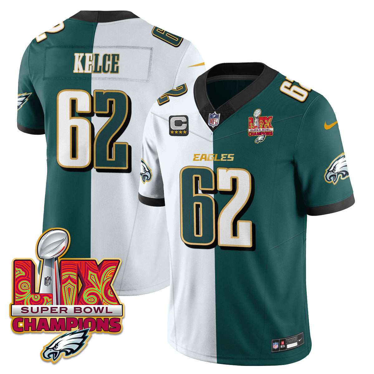 Jason Kelce Men's Philadelphia Eagles Super Bowl LIX Champions Gold Trim Vapor Limited Split Jersey - All Stitched
