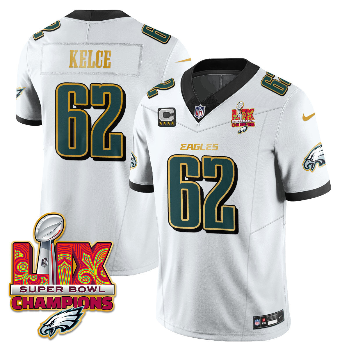 Jason Kelce Men's Philadelphia Eagles Super Bowl LIX Champions Gold Trim Vapor Limited White Jersey - All Stitched