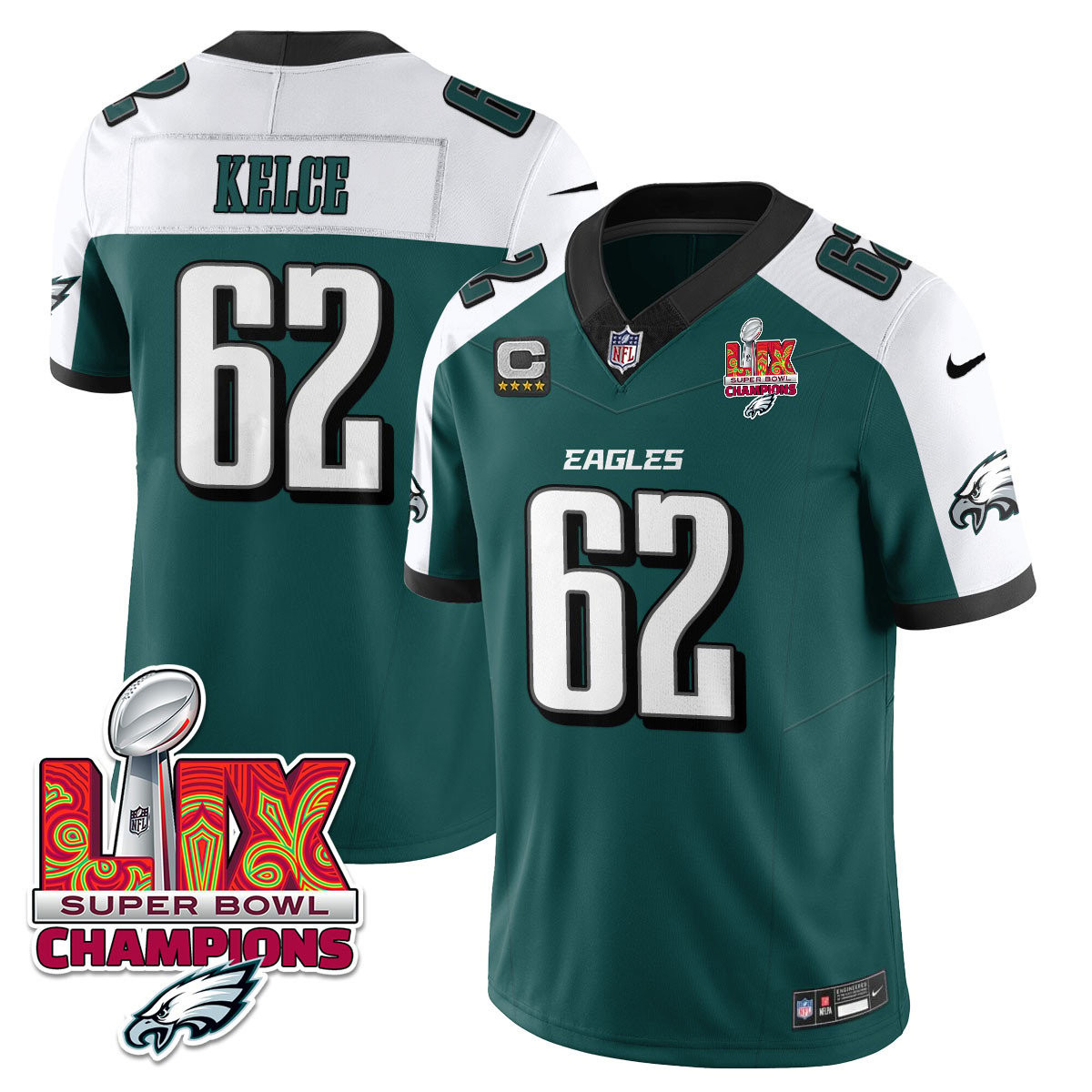 Jason Kelce Men's Philadelphia Eagles Super Bowl LIX Champions Vapor Limited Green Alternate Jersey - All Stitched