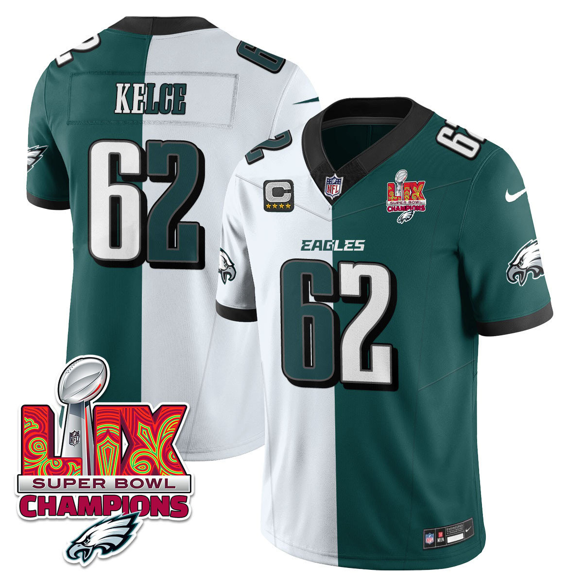 Jason Kelce Men's Philadelphia Eagles Super Bowl LIX Champions Vapor Limited Split Jersey - All Stitched