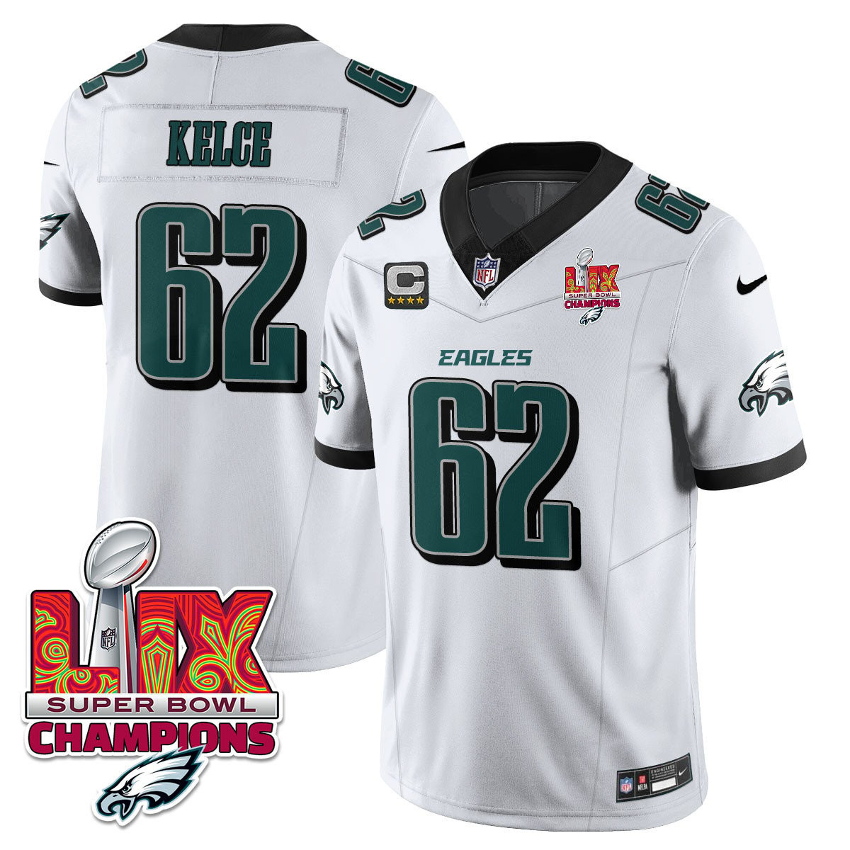 Jason Kelce Men's Philadelphia Eagles Super Bowl LIX Champions Vapor Limited White Jersey - All Stitched