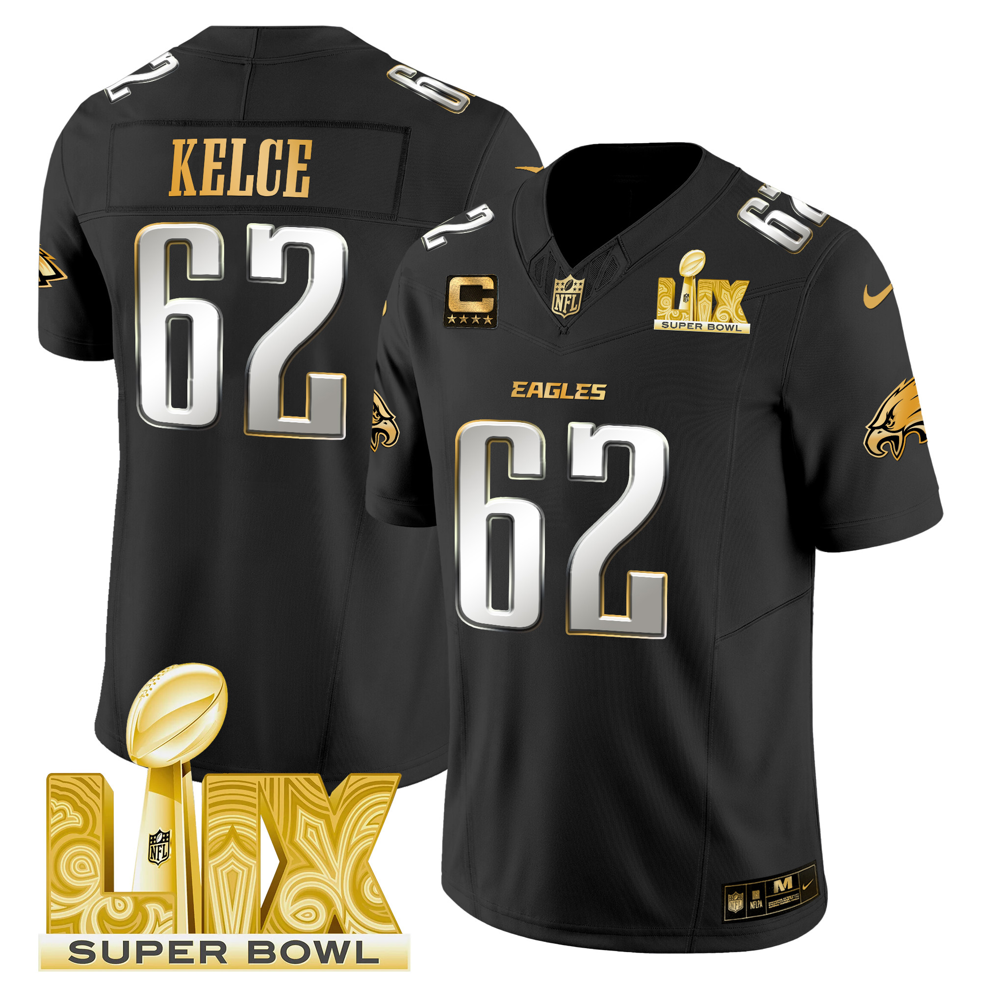 Jason Kelce Men's Philadelphia Eagles Super Bowl LIX Patch Gold Vapor Limited Black Limited Jersey - All Stitched