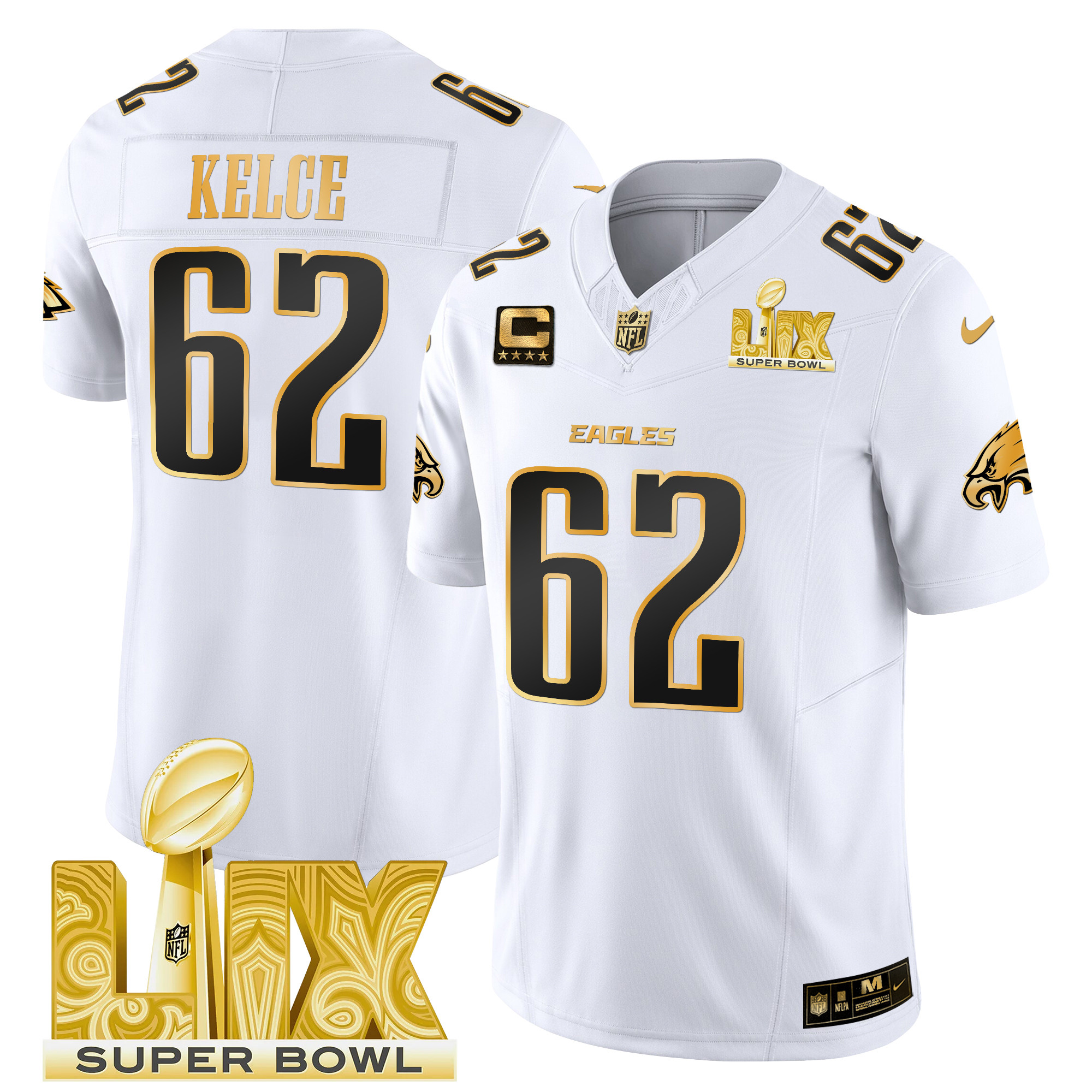 Jason Kelce Men's Philadelphia Eagles Super Bowl LIX Patch Gold Vapor Limited White Gold Jersey - All Stitched