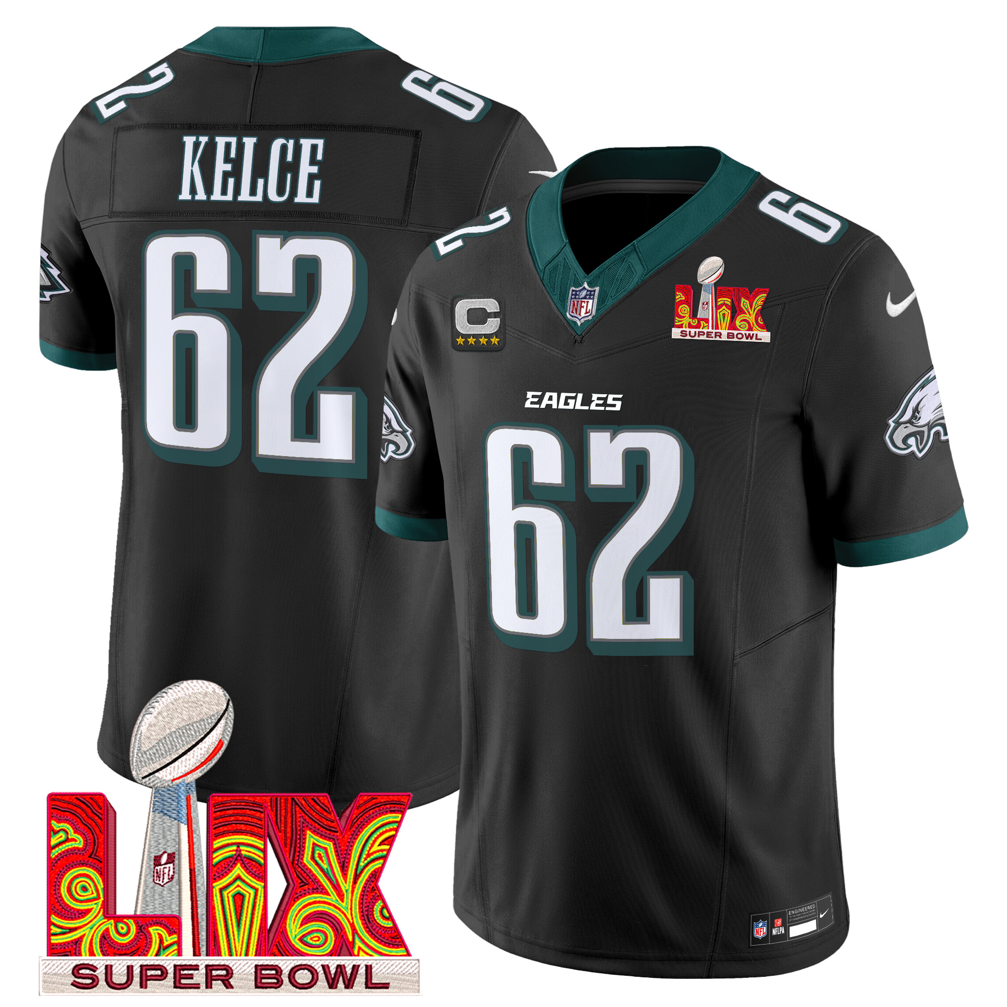 Jason Kelce Men's Philadelphia Eagles Super Bowl LIX Patch Vapor Limited Black Jersey - All Stitched