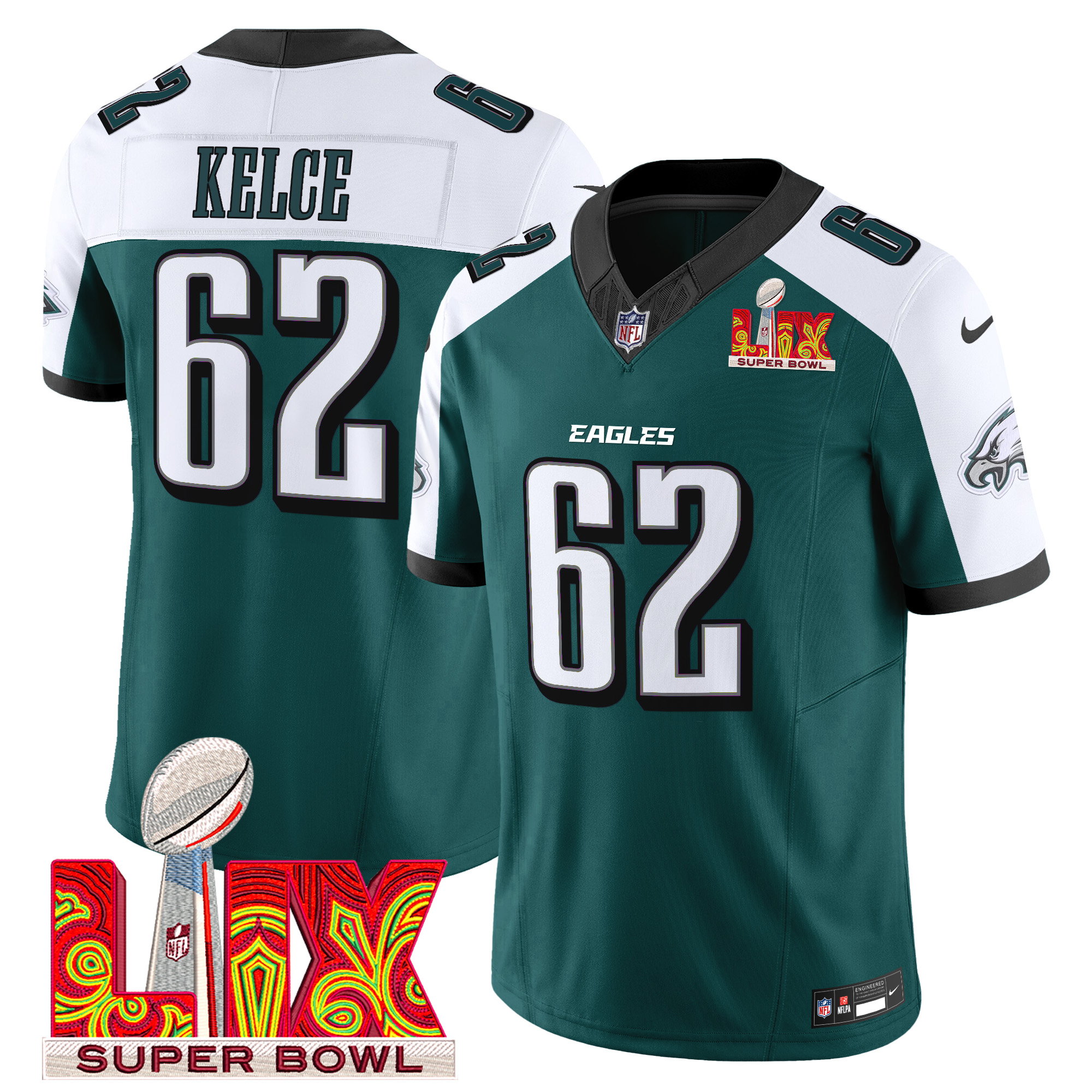 Jason Kelce Men's Philadelphia Eagles Super Bowl LIX Patch Vapor Limited Green Alternate Jersey - All Stitched