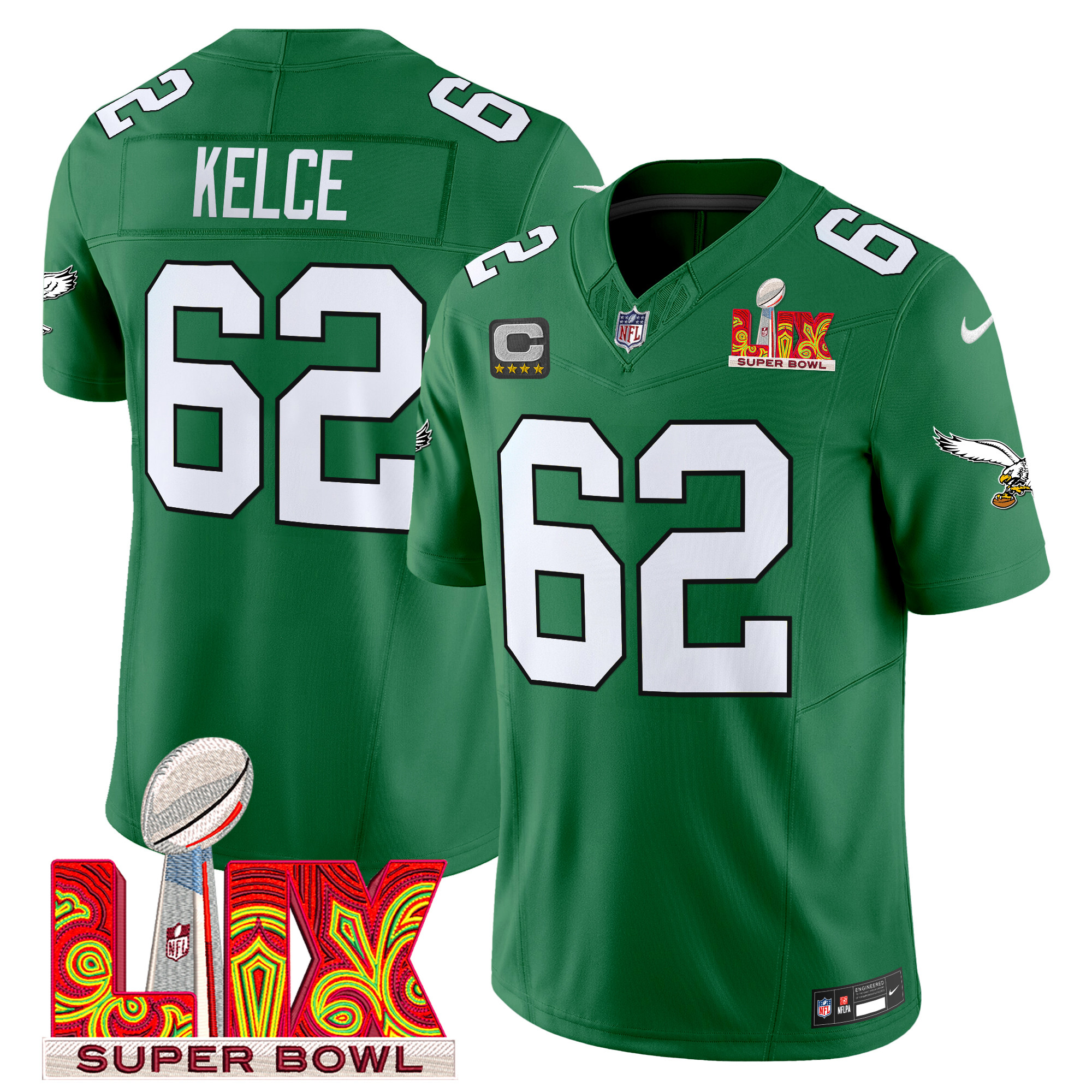 Jason Kelce Men's Philadelphia Eagles Super Bowl LIX Patch Vapor Limited Kelly Green Jersey - All Stitched