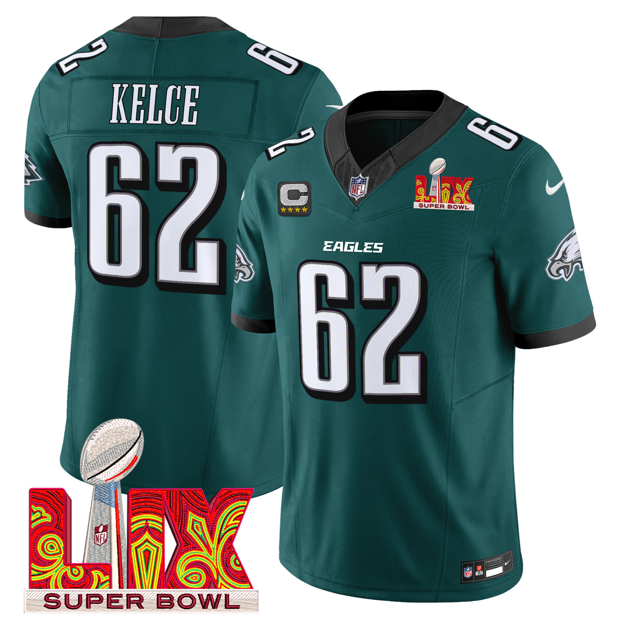 Jason Kelce Men's Philadelphia Eagles Super Bowl LIX Patch Vapor Limited Midnight Green Jersey - All Stitched