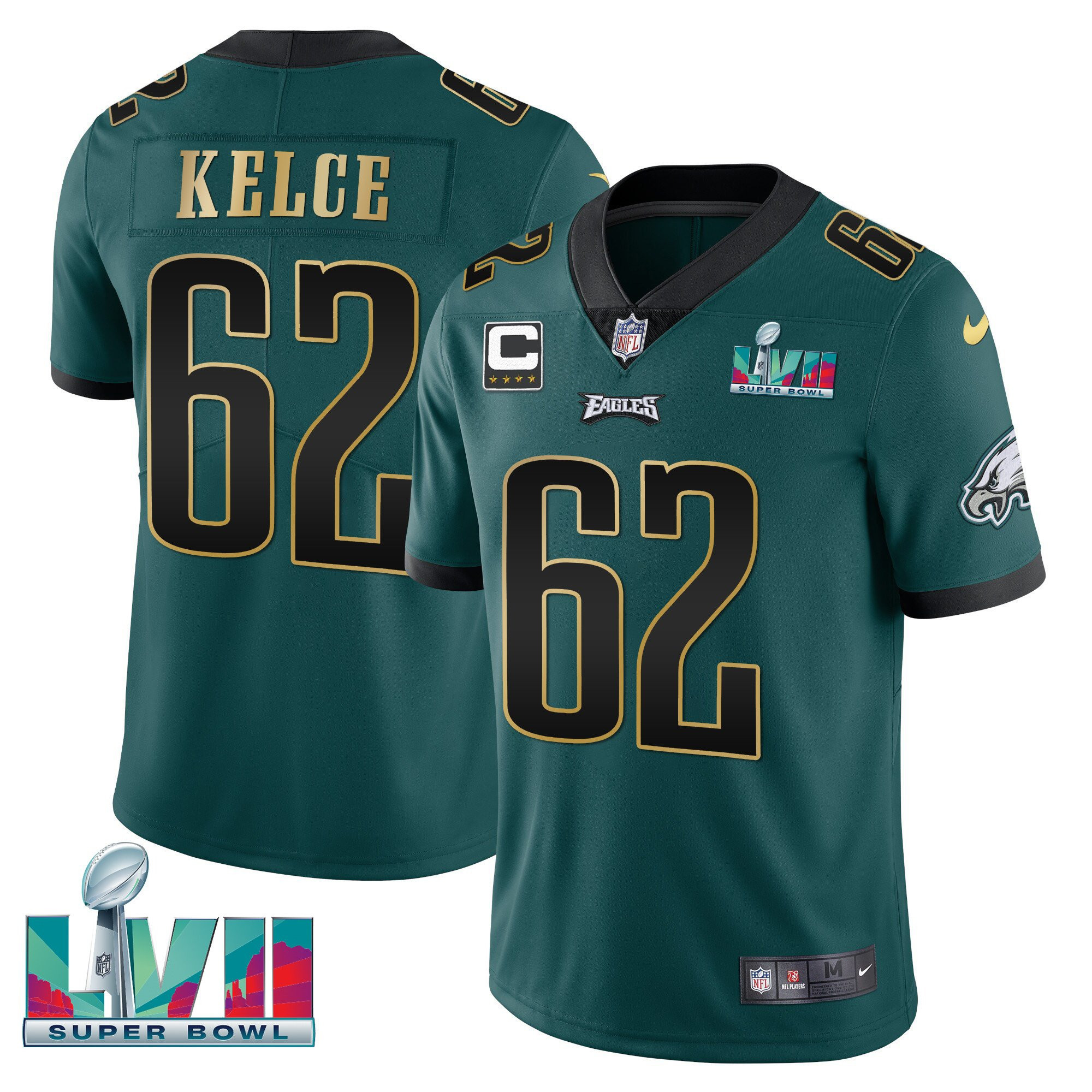 Jason Kelce Men's Philadelphia Eagles Super Bowl Patch Vapor Green Gold Trim Jersey - All Stitched