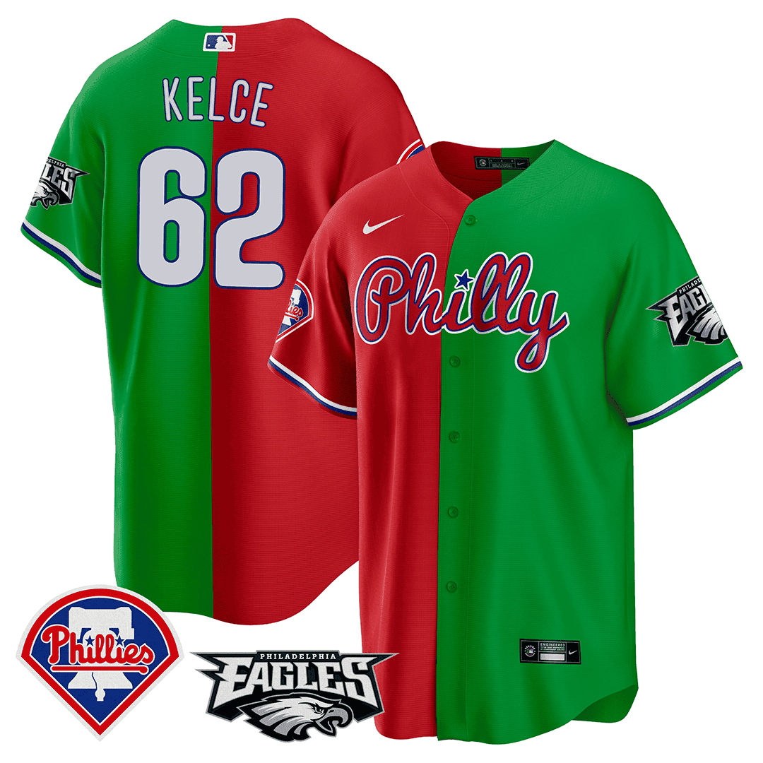 Jason Kelce Men's Split Phillies - Philadelphia Eagles Cool Base Red - Green Jersey - All Stitched