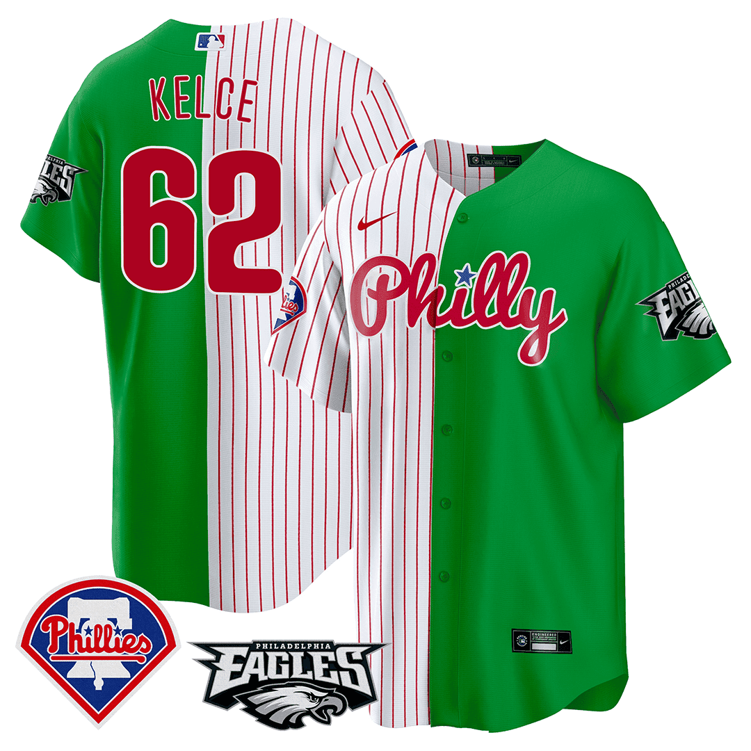 Jason Kelce Men's Split Phillies - Philadelphia Eagles Cool Base Stripes - Green Jersey - All Stitched