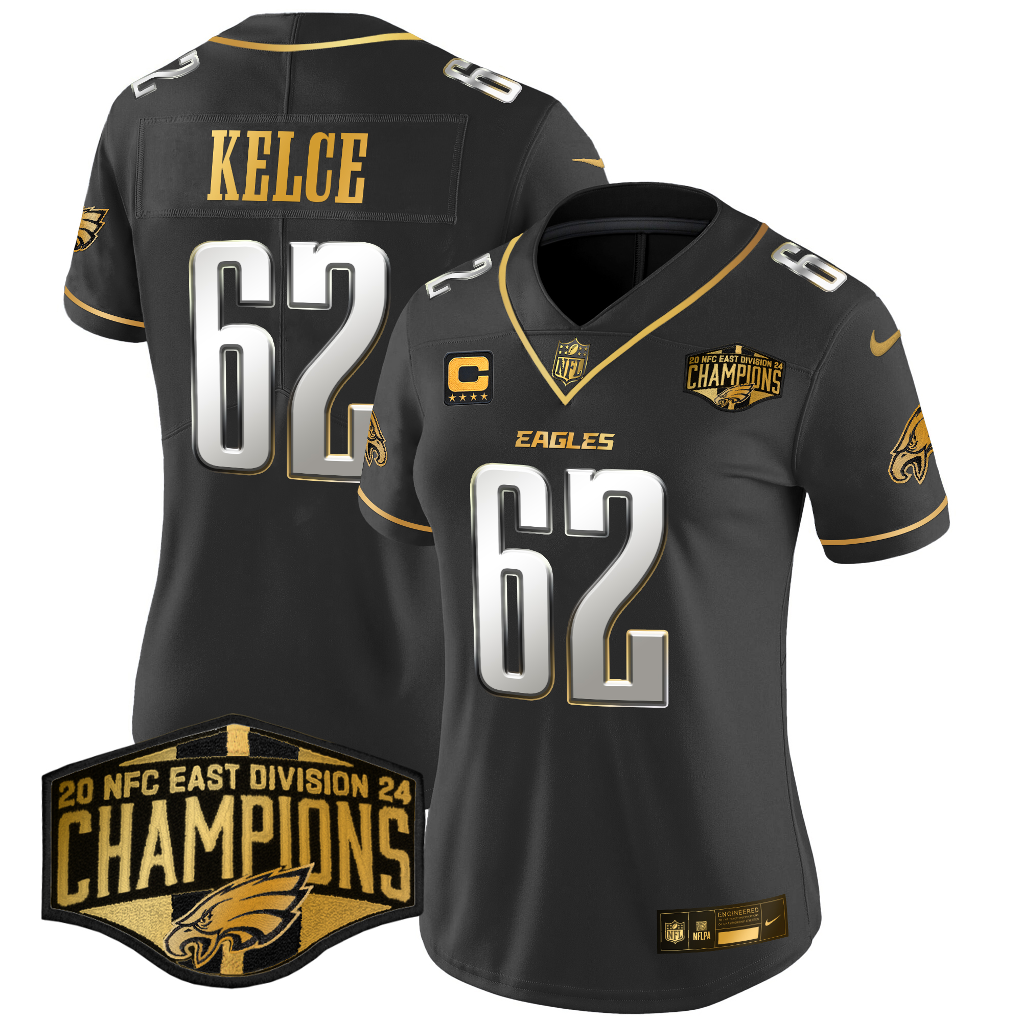 Jason Kelce Women's Philadelphia Eagles 2024 NFC East Division Champions Gold Vapor Limited Black Limited Jersey - All Stitched