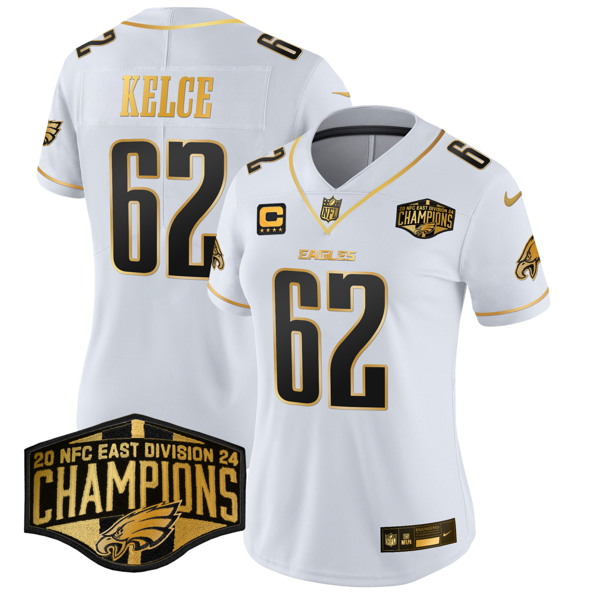 Jason Kelce Women's Philadelphia Eagles 2024 NFC East Division Champions Gold Vapor Limited White Gold Jersey - All Stitched