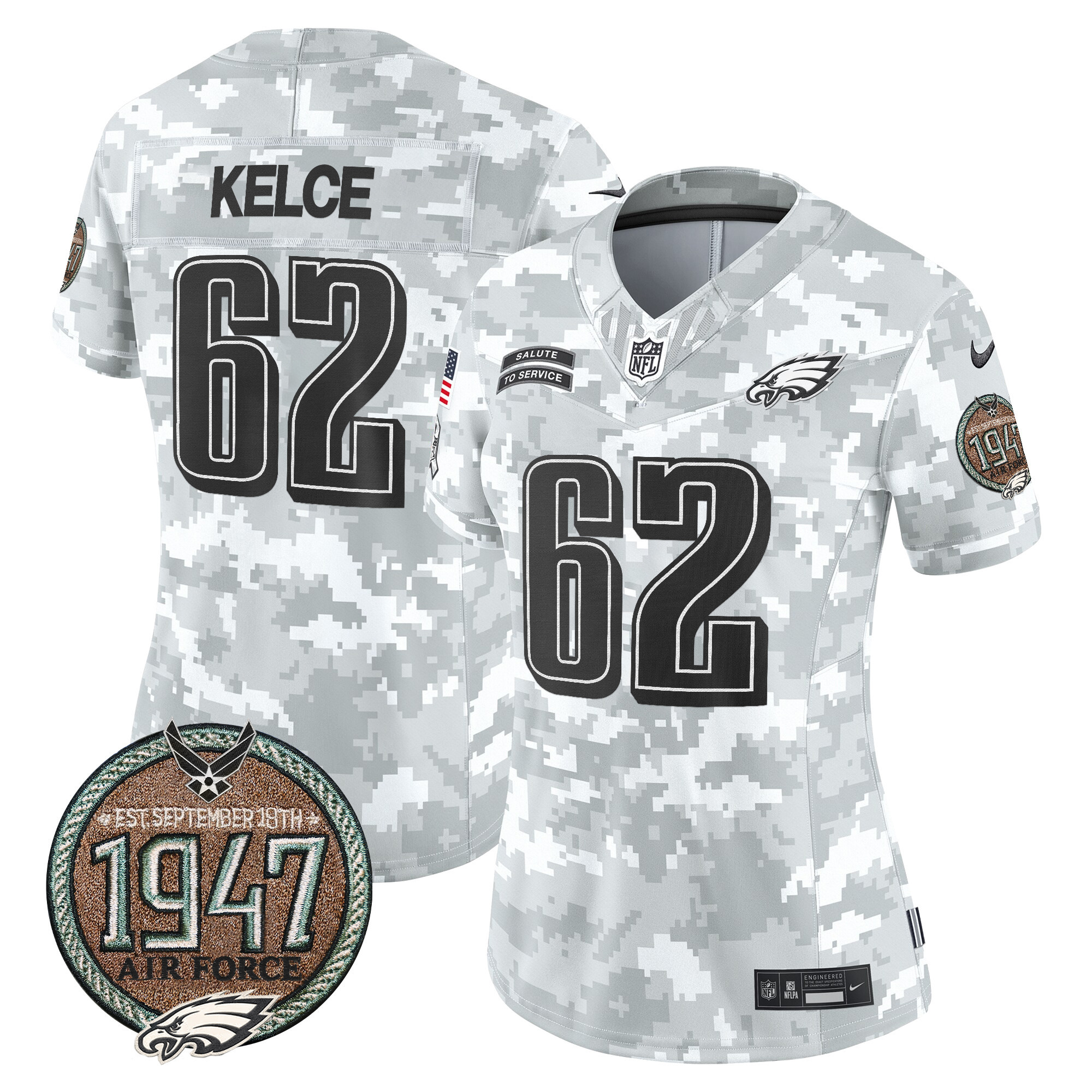 Jason Kelce Women's Philadelphia Eagles 2024 Salute to Service Establishment Year Patch Vapor Limited Air Force Jersey - All Stitched