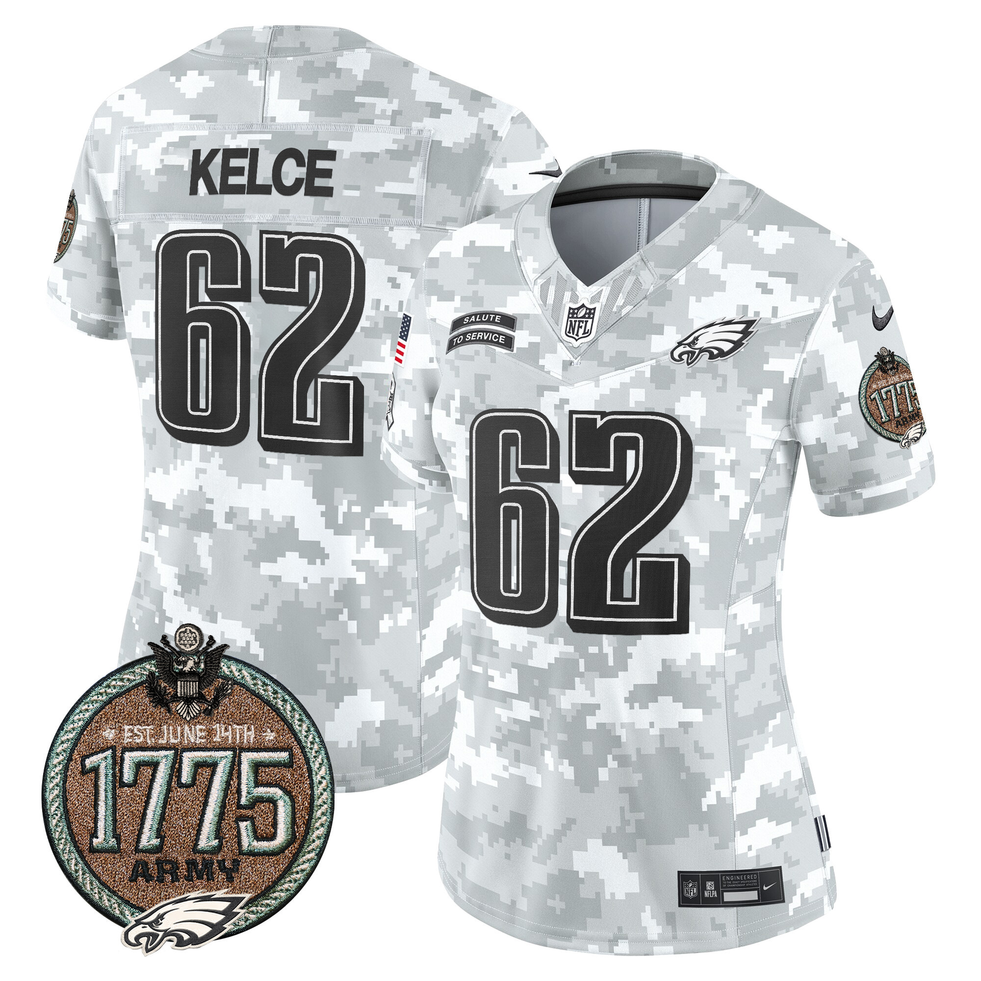 Jason Kelce Women's Philadelphia Eagles 2024 Salute to Service Establishment Year Patch Vapor Limited Army Jersey - All Stitched