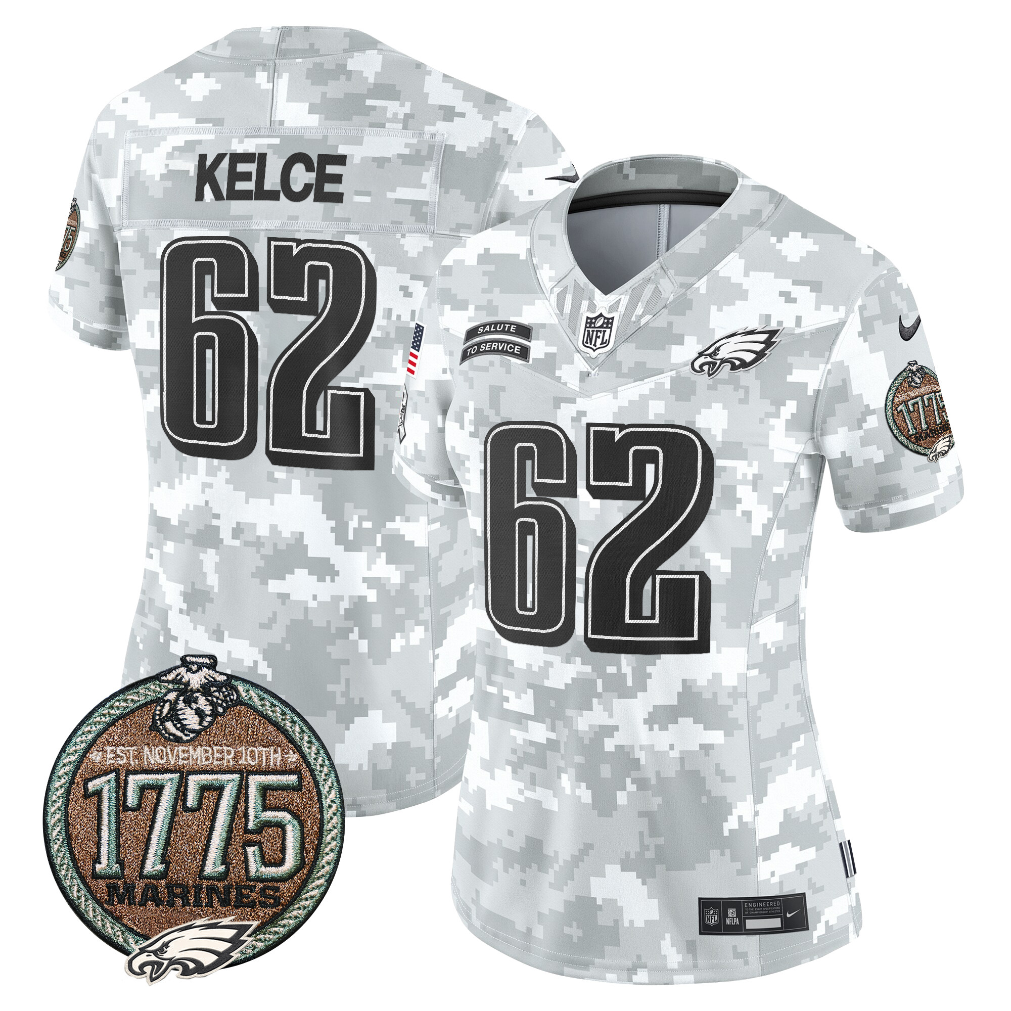 Jason Kelce Women's Philadelphia Eagles 2024 Salute to Service Establishment Year Patch Vapor Limited Marines Jersey - All Stitched