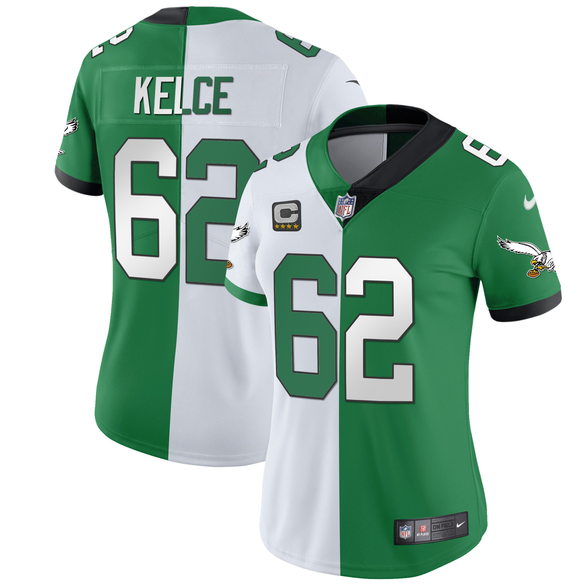 Jason Kelce Women's Philadelphia Eagles Gold & Kelly Vapor Split Jersey - All Stitched
