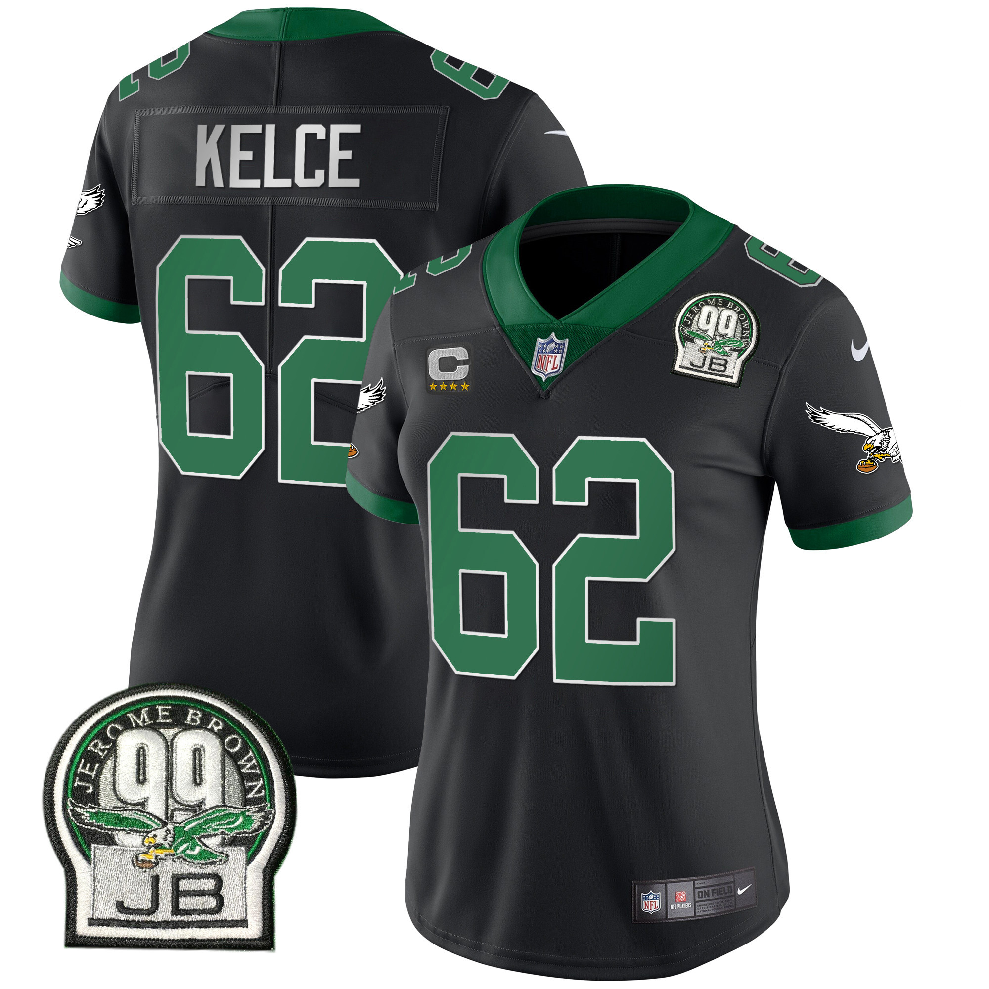 Jason Kelce Women's Philadelphia Eagles Jerome Brown Patch Kelly Green Alternate Black Jersey - All Stitched