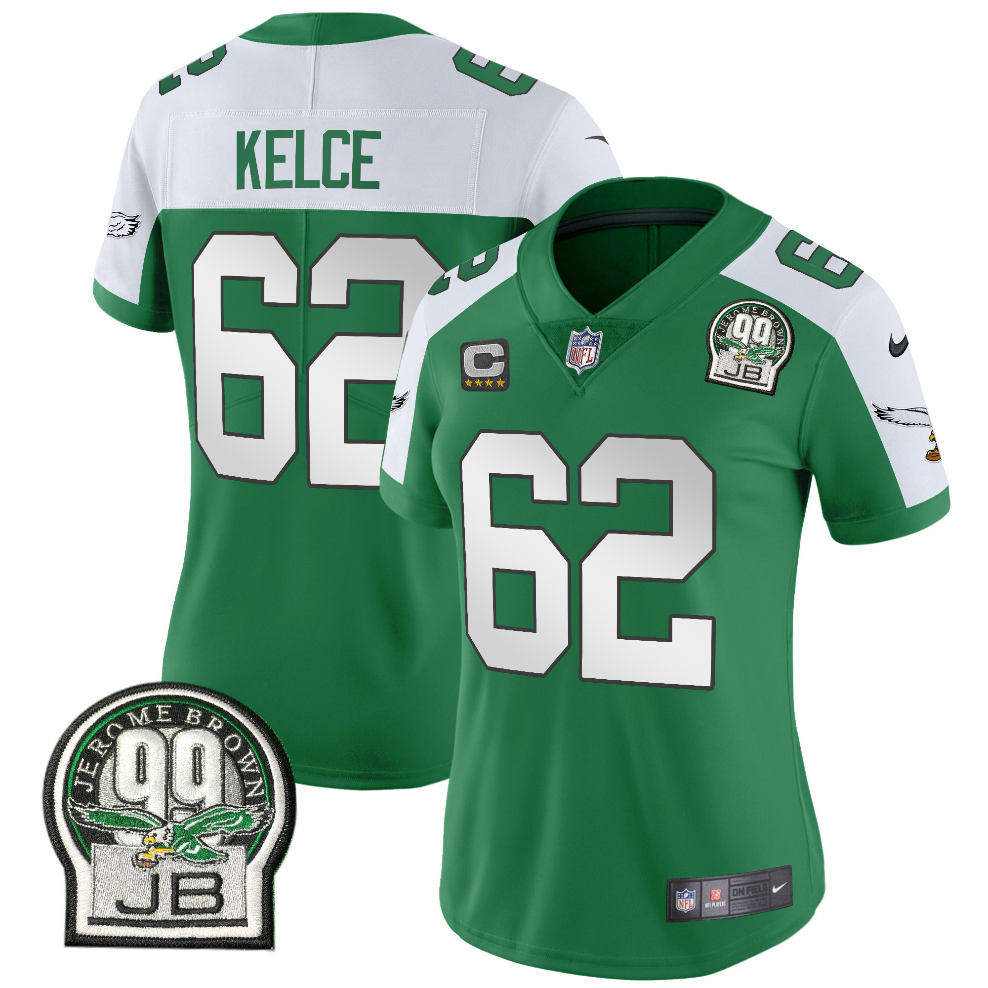 Jason Kelce Women's Philadelphia Eagles Jerome Brown Patch Kelly Green Alternate Kelly Alternate Jersey - All Stitched