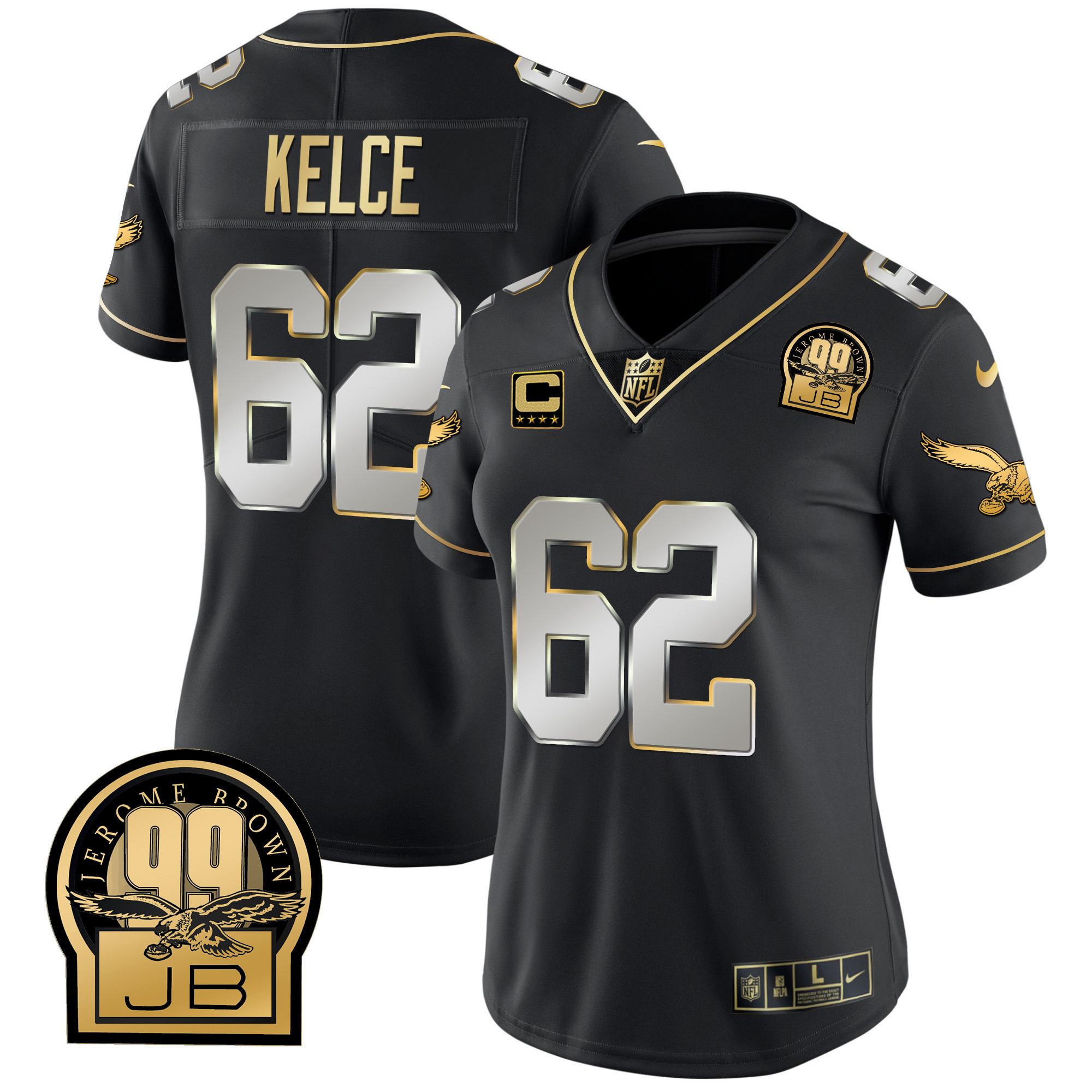 Jason Kelce Women's Philadelphia Eagles Jerome Brown Retired Patch Gold & Kelly Black Limited Jersey - All Stitched