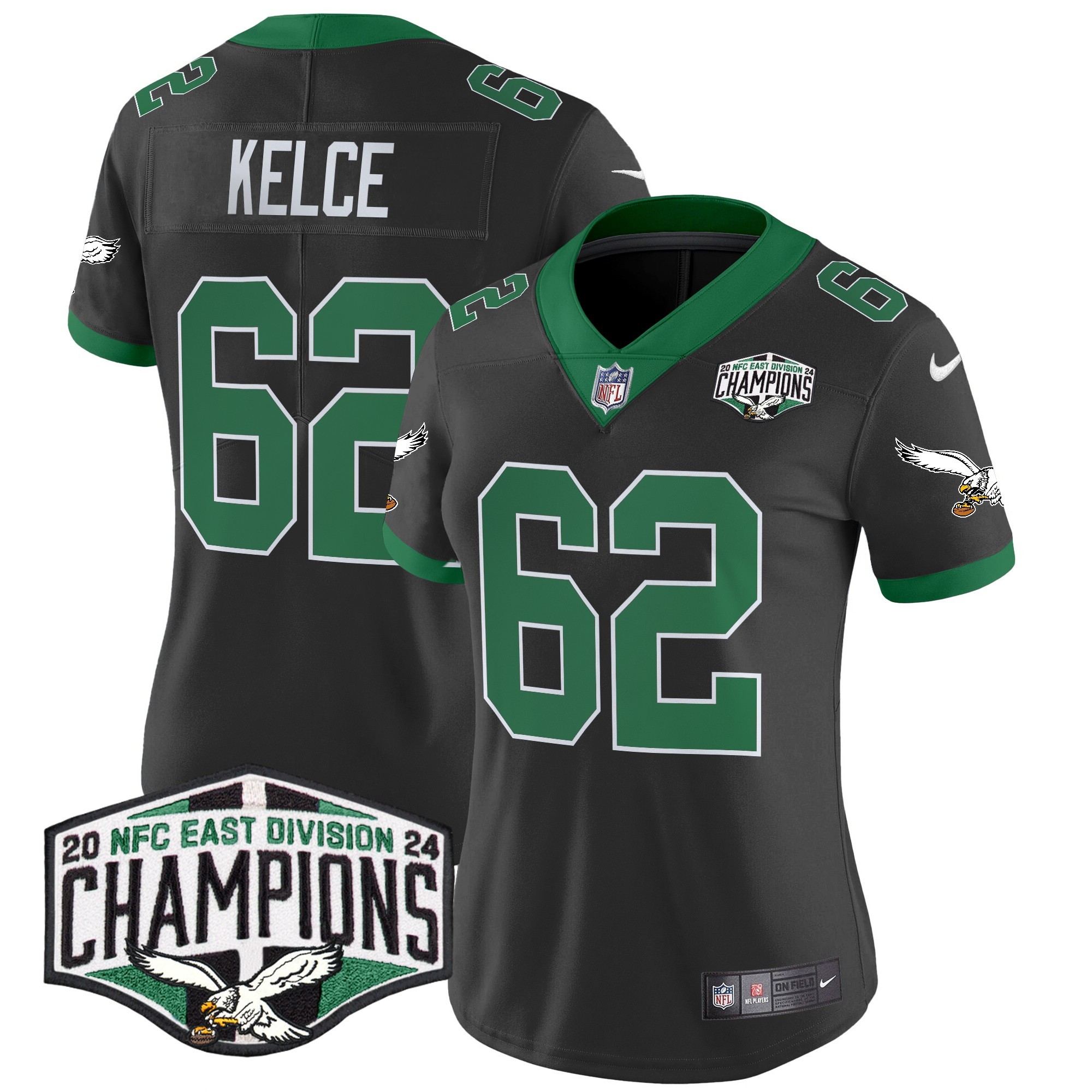 Jason Kelce Women's Philadelphia Eagles Kelly Green 2024 NFC East Division Champions Vapor Limited Black Jersey - All Stitched