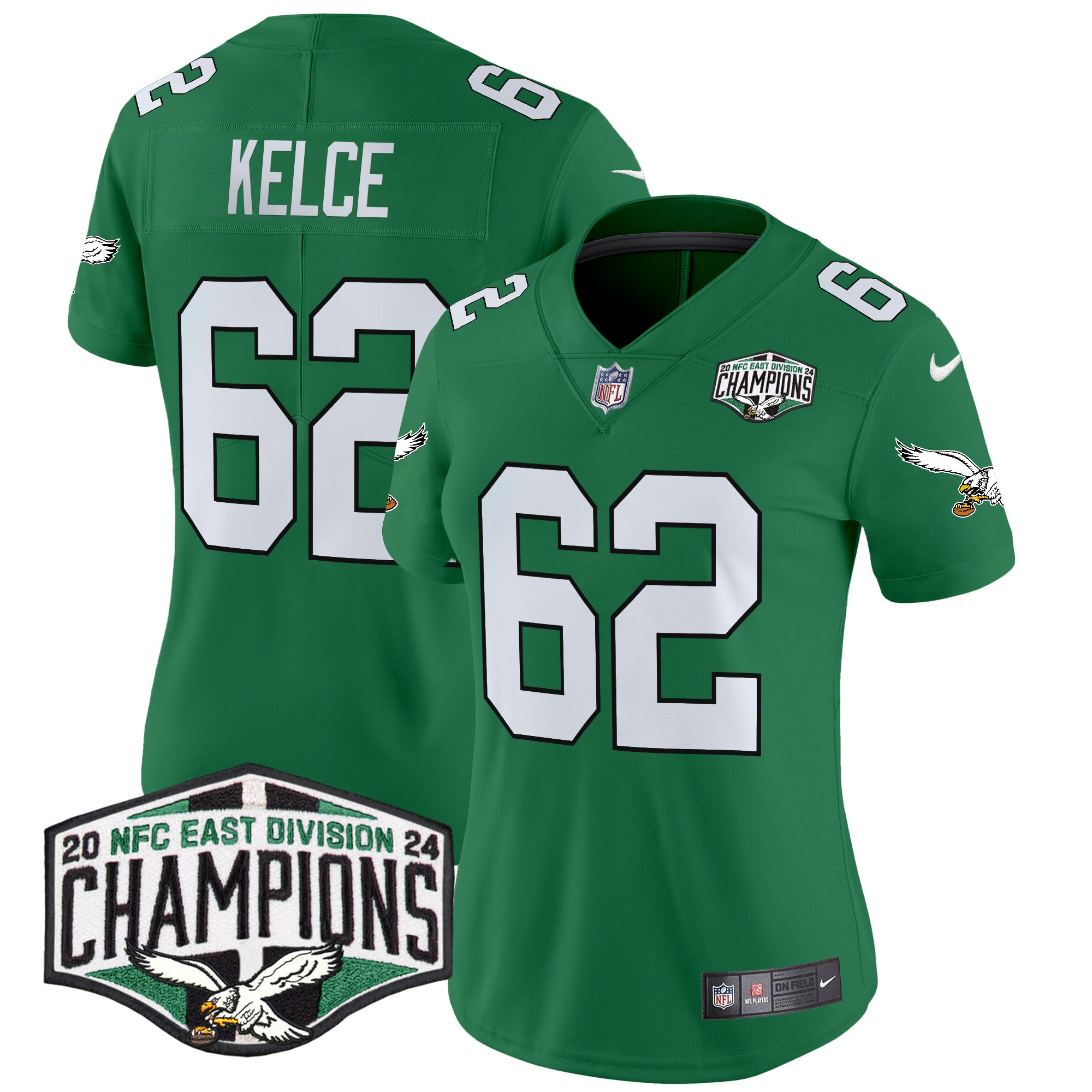 Jason Kelce Women's Philadelphia Eagles Kelly Green 2024 NFC East Division Champions Vapor Limited Kelly Green Jersey - All Stitched