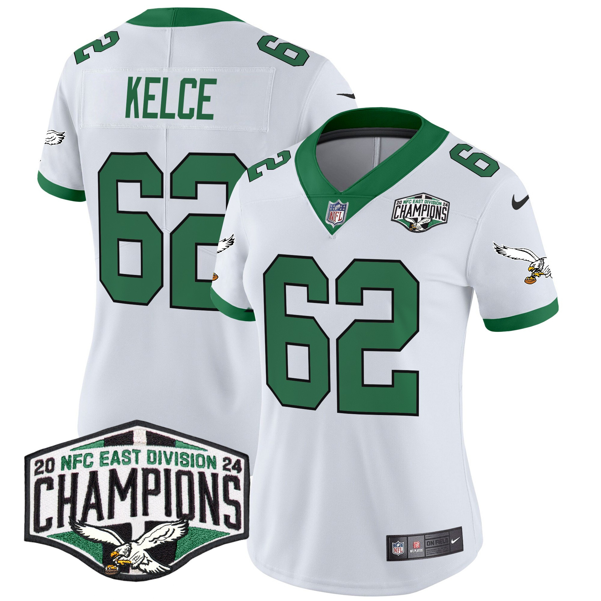 Jason Kelce Women's Philadelphia Eagles Kelly Green 2024 NFC East Division Champions Vapor Limited Kelly White Jersey - All Stitched