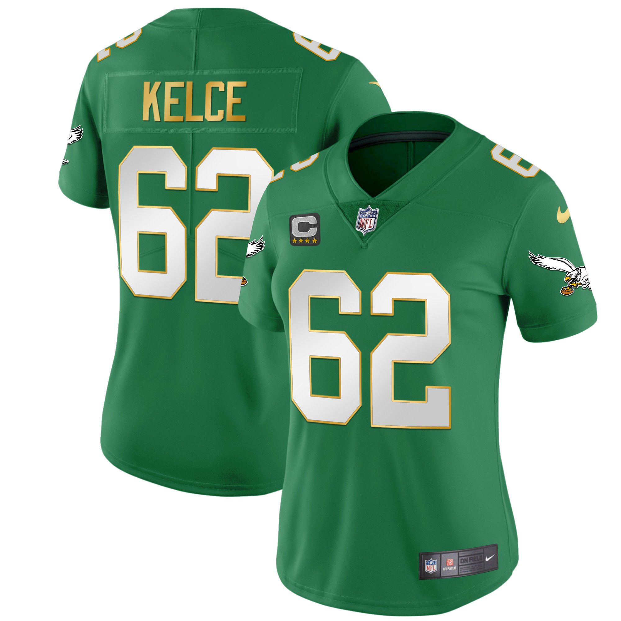 Jason Kelce Women's Philadelphia Eagles Kelly Green Gold Gold Trim Jersey - All Stitched