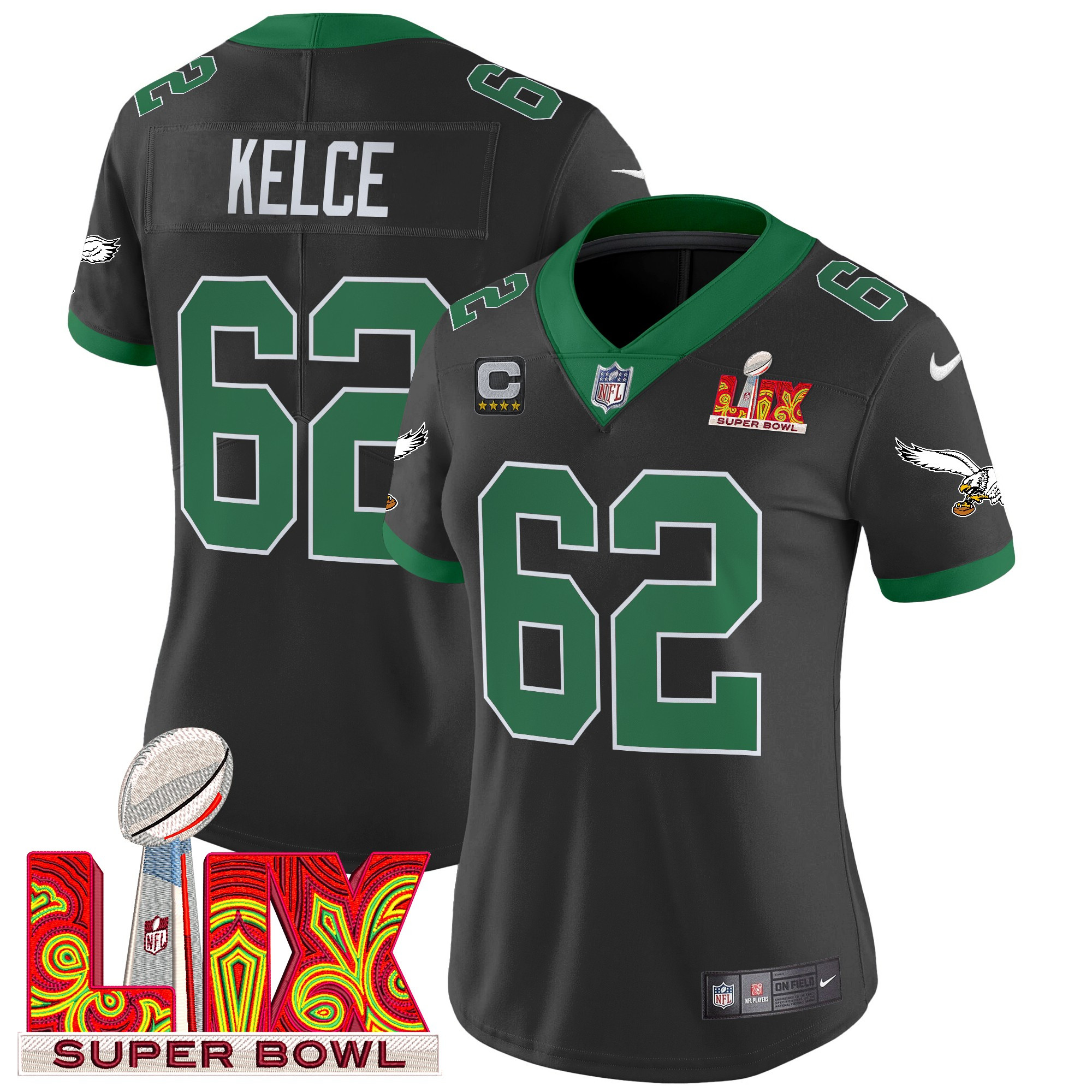 Jason Kelce Women's Philadelphia Eagles Kelly Green Super Bowl LIX Patch Vapor Limited Black Jersey - All Stitched