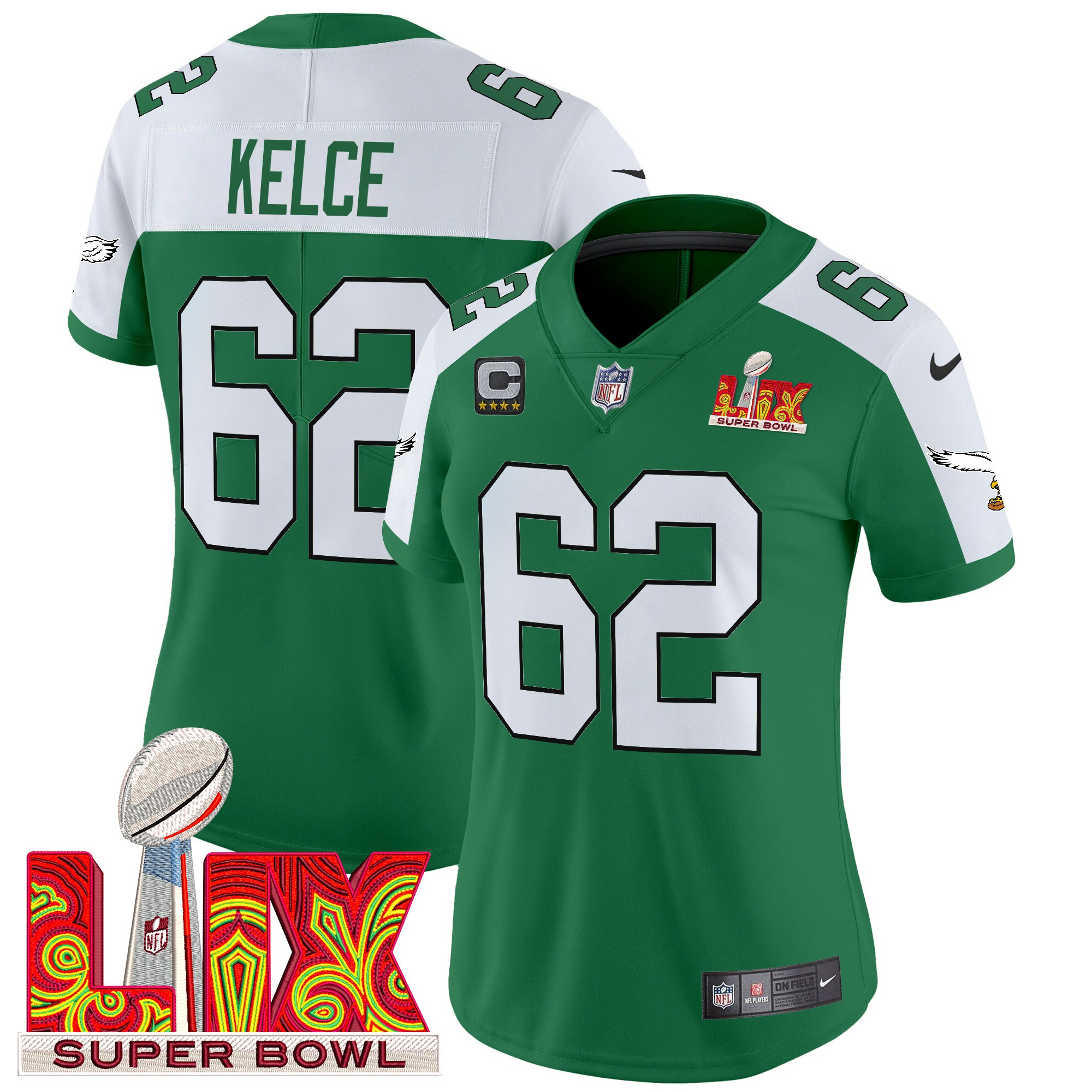 Jason Kelce Women's Philadelphia Eagles Kelly Green Super Bowl LIX Patch Vapor Limited Kelly Alternate Jersey - All Stitched