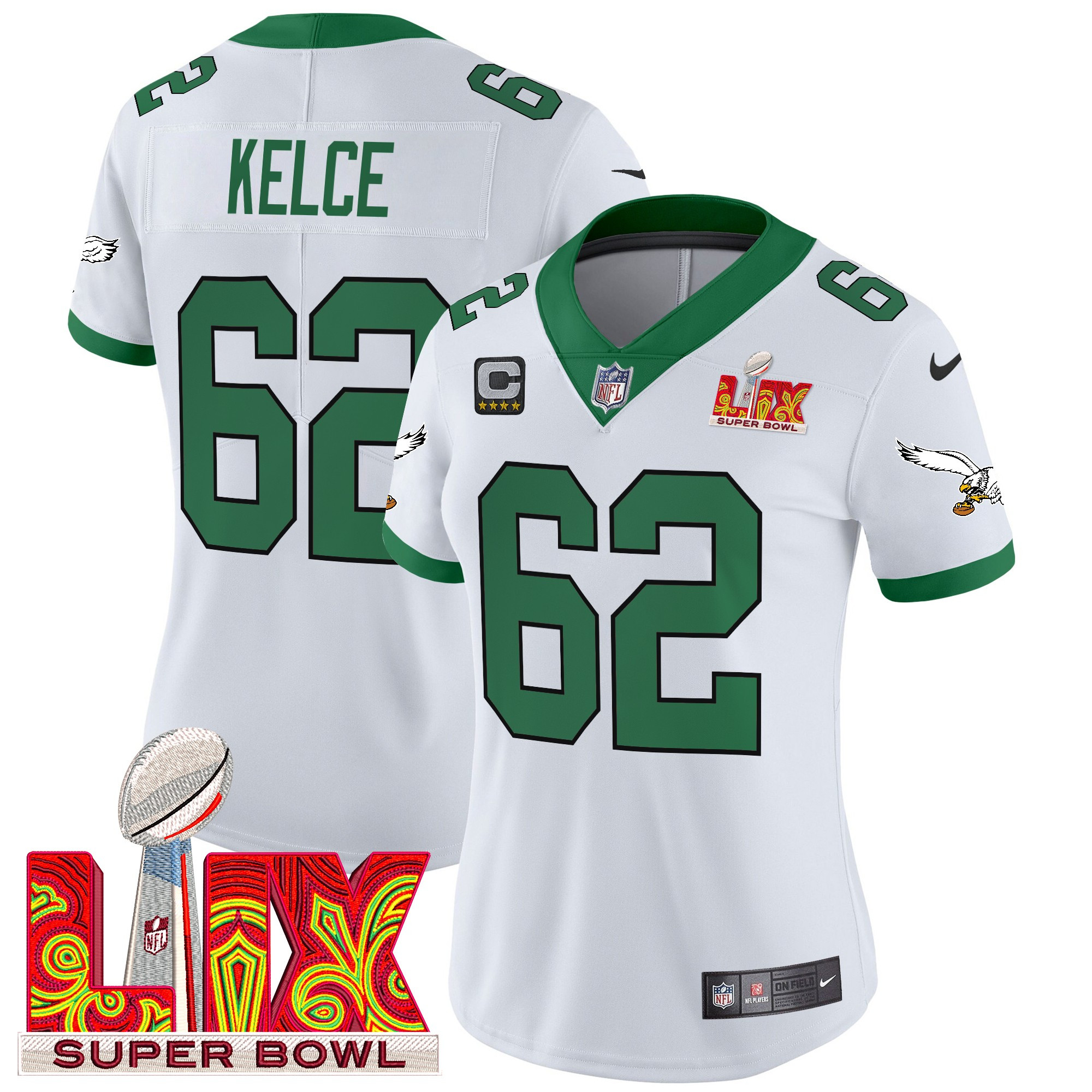 Jason Kelce Women's Philadelphia Eagles Kelly Green Super Bowl LIX Patch Vapor Limited Kelly White Jersey - All Stitched