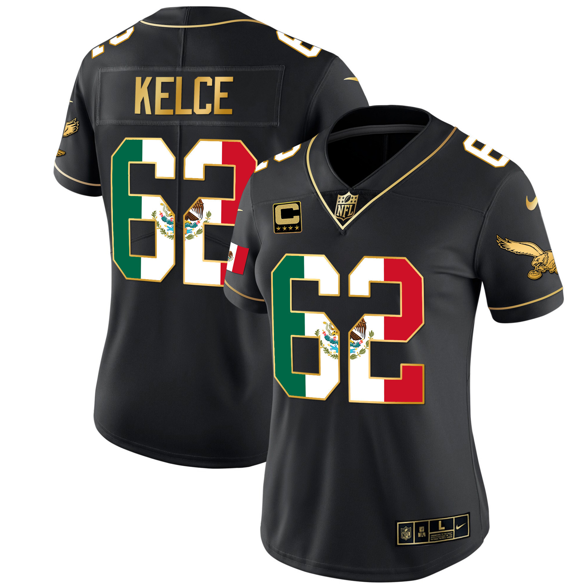 Jason Kelce Women's Philadelphia Eagles Mexico Gold & Kelly Vapor Black Gold Jersey - All Stitched