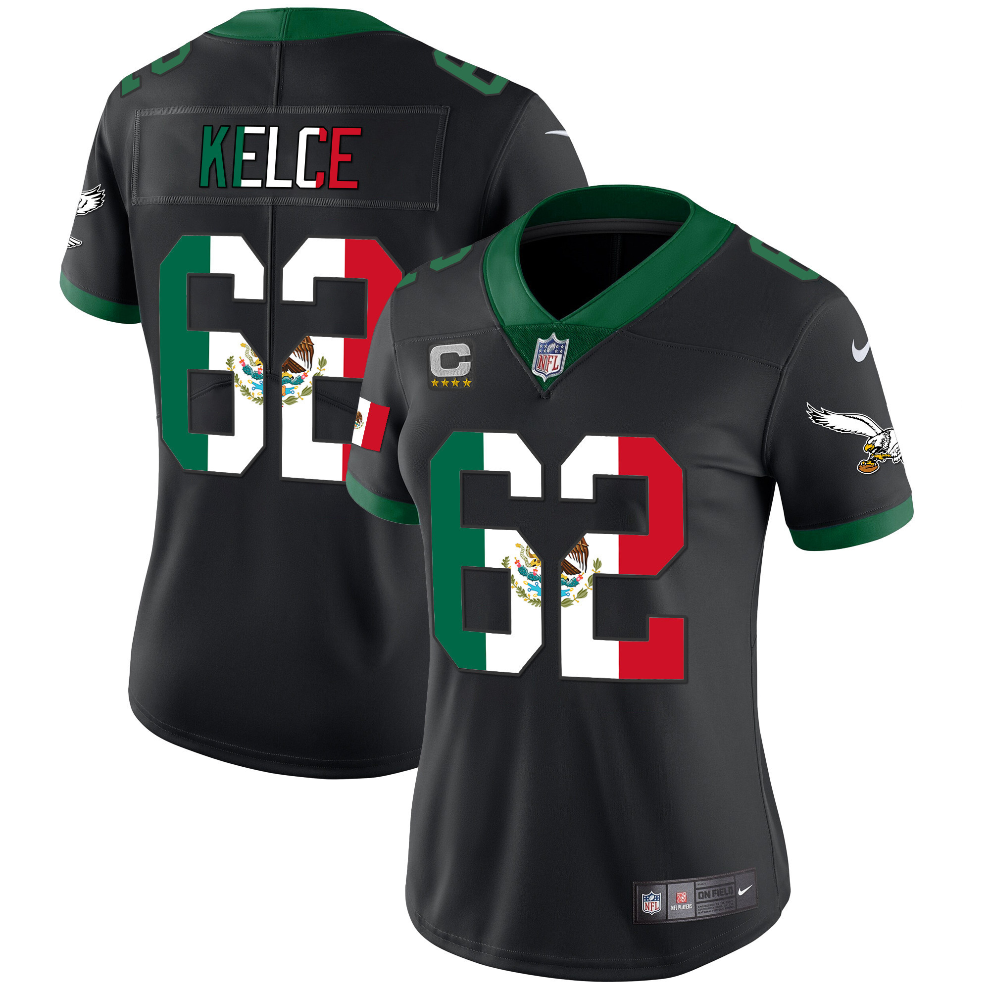 Jason Kelce Women's Philadelphia Eagles Mexico Gold & Kelly Vapor Kelly Black Jersey - All Stitched