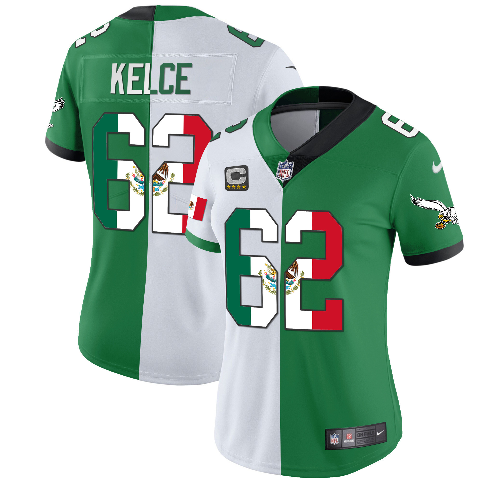 Jason Kelce Women's Philadelphia Eagles Mexico Gold & Kelly Vapor Split Jersey - All Stitched