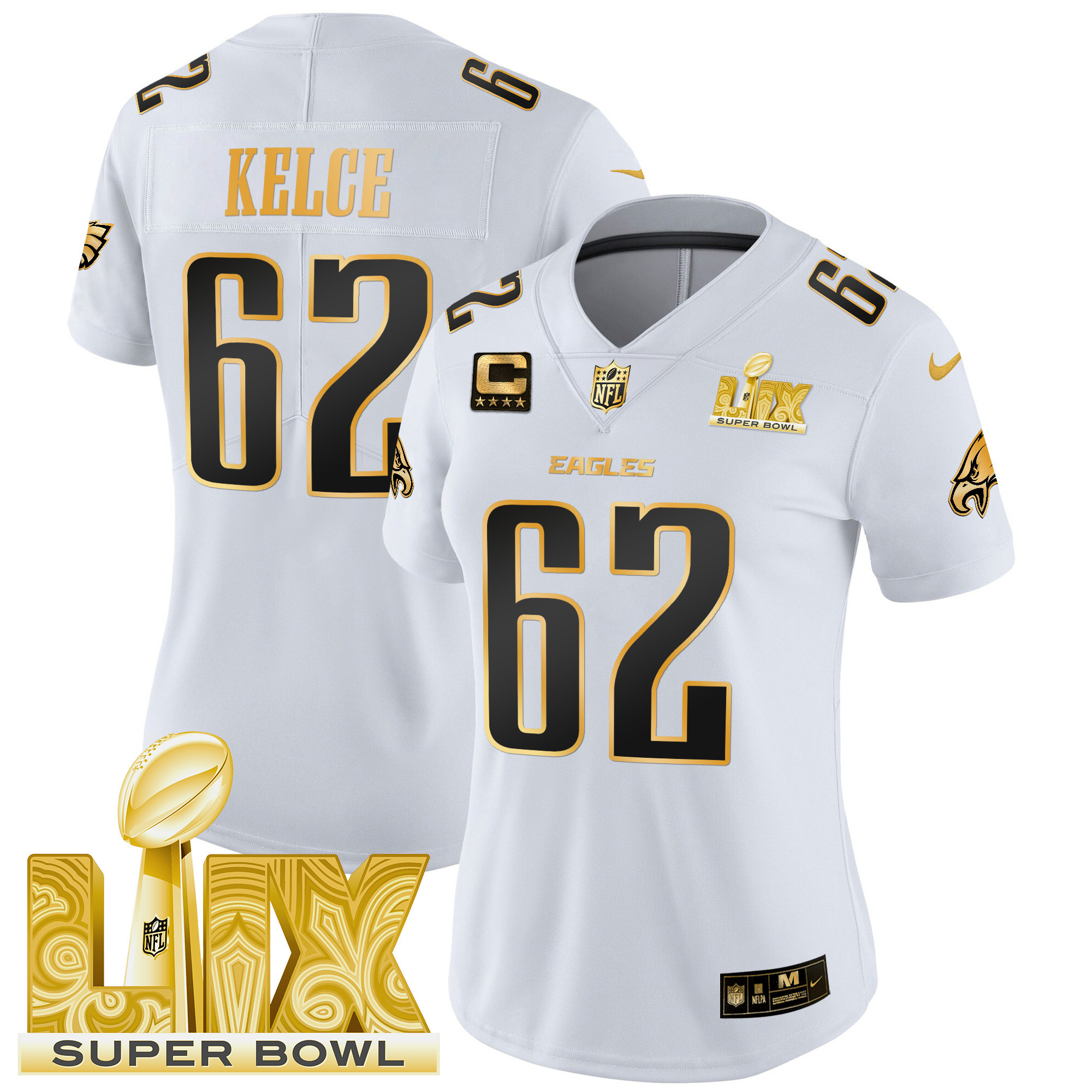 Jason Kelce Women's Philadelphia Eagles Super Bowl LIX Patch Gold Vapor Limited White Gold Jersey - All Stitched