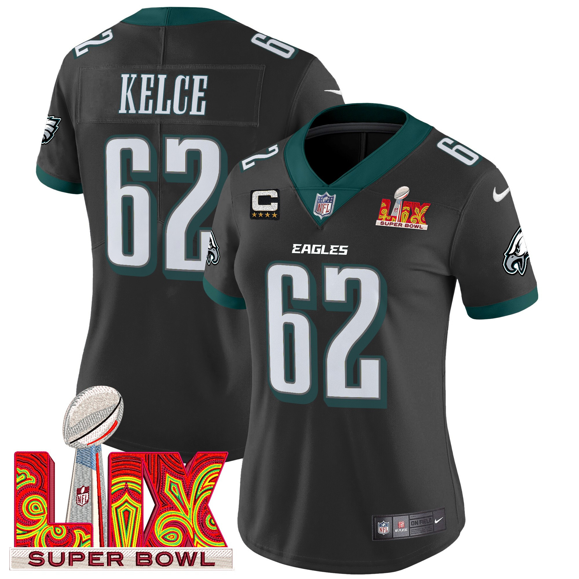 Jason Kelce Women's Philadelphia Eagles Super Bowl LIX Patch Vapor Limited Black Jersey - All Stitched