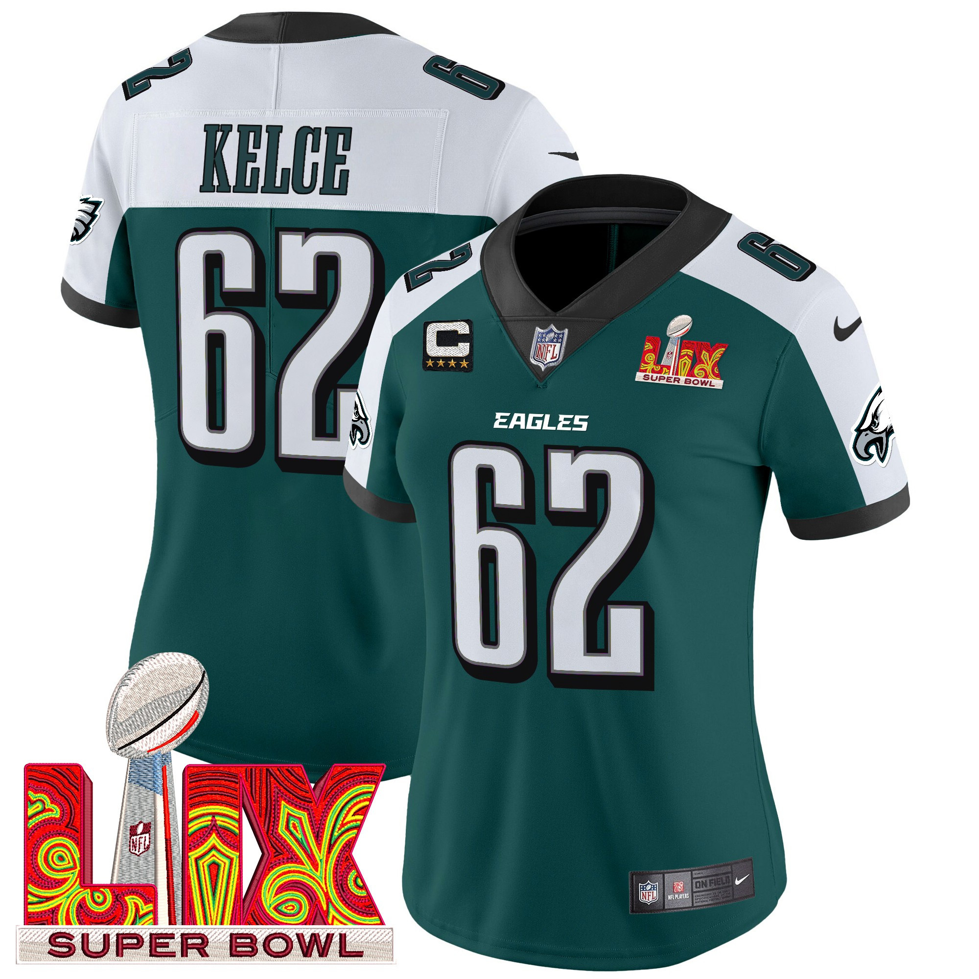 Jason Kelce Women's Philadelphia Eagles Super Bowl LIX Patch Vapor Limited Green Alternate Jersey - All Stitched