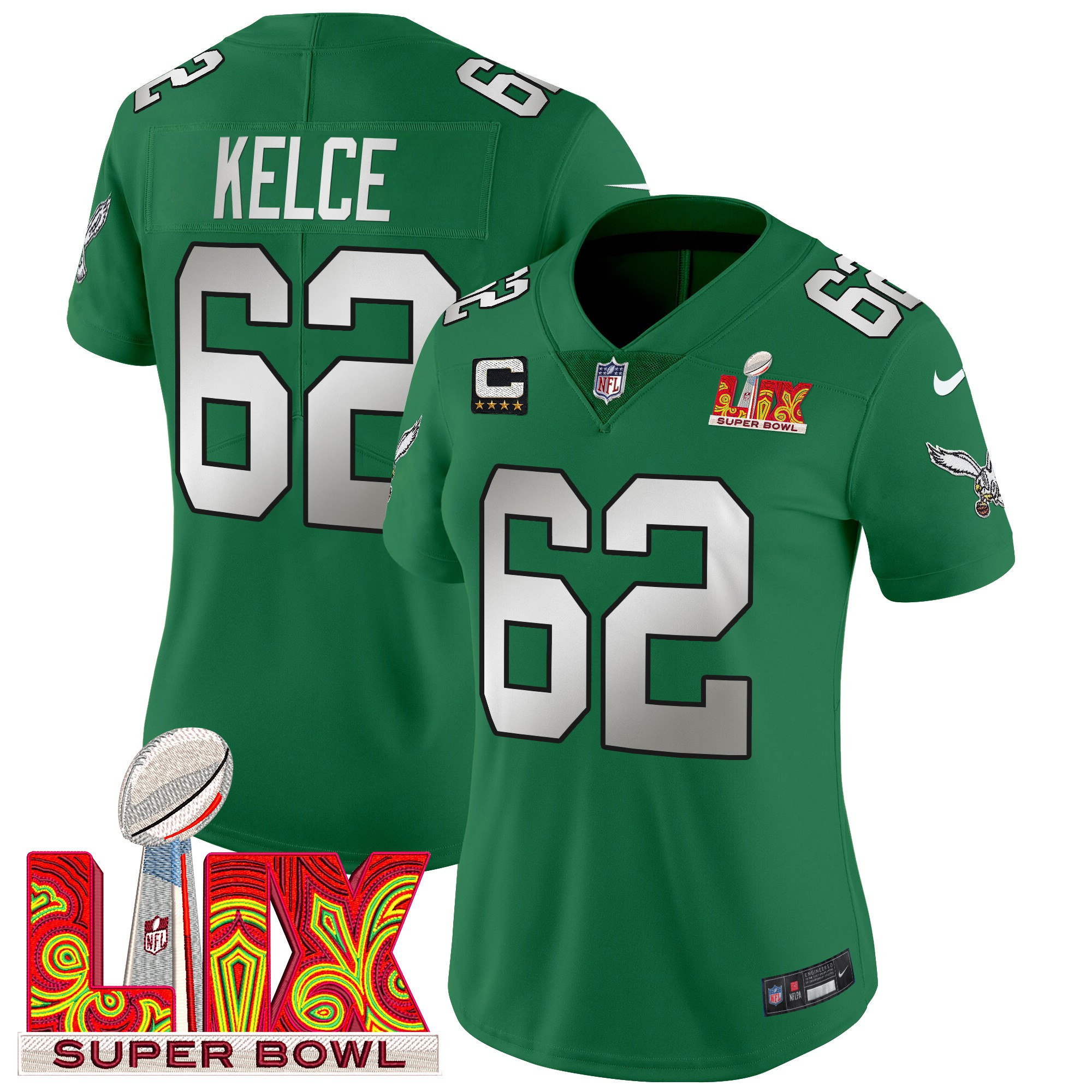 Jason Kelce Women's Philadelphia Eagles Super Bowl LIX Patch Vapor Limited Kelly Green Jersey - All Stitched