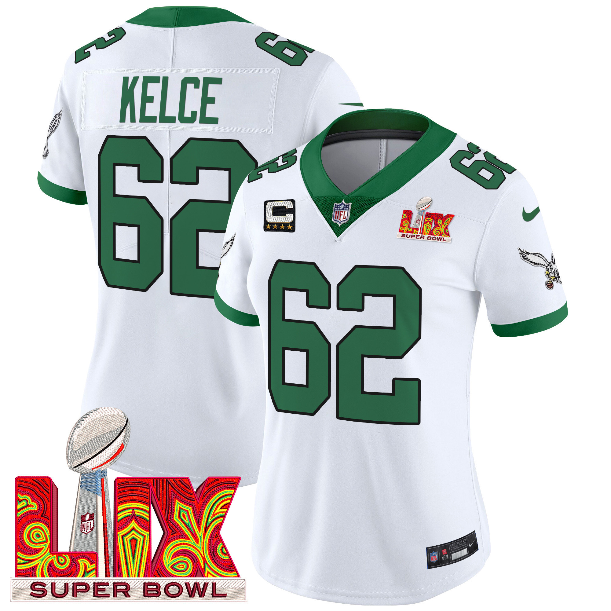 Jason Kelce Women's Philadelphia Eagles Super Bowl LIX Patch Vapor Limited Kelly White Jersey - All Stitched