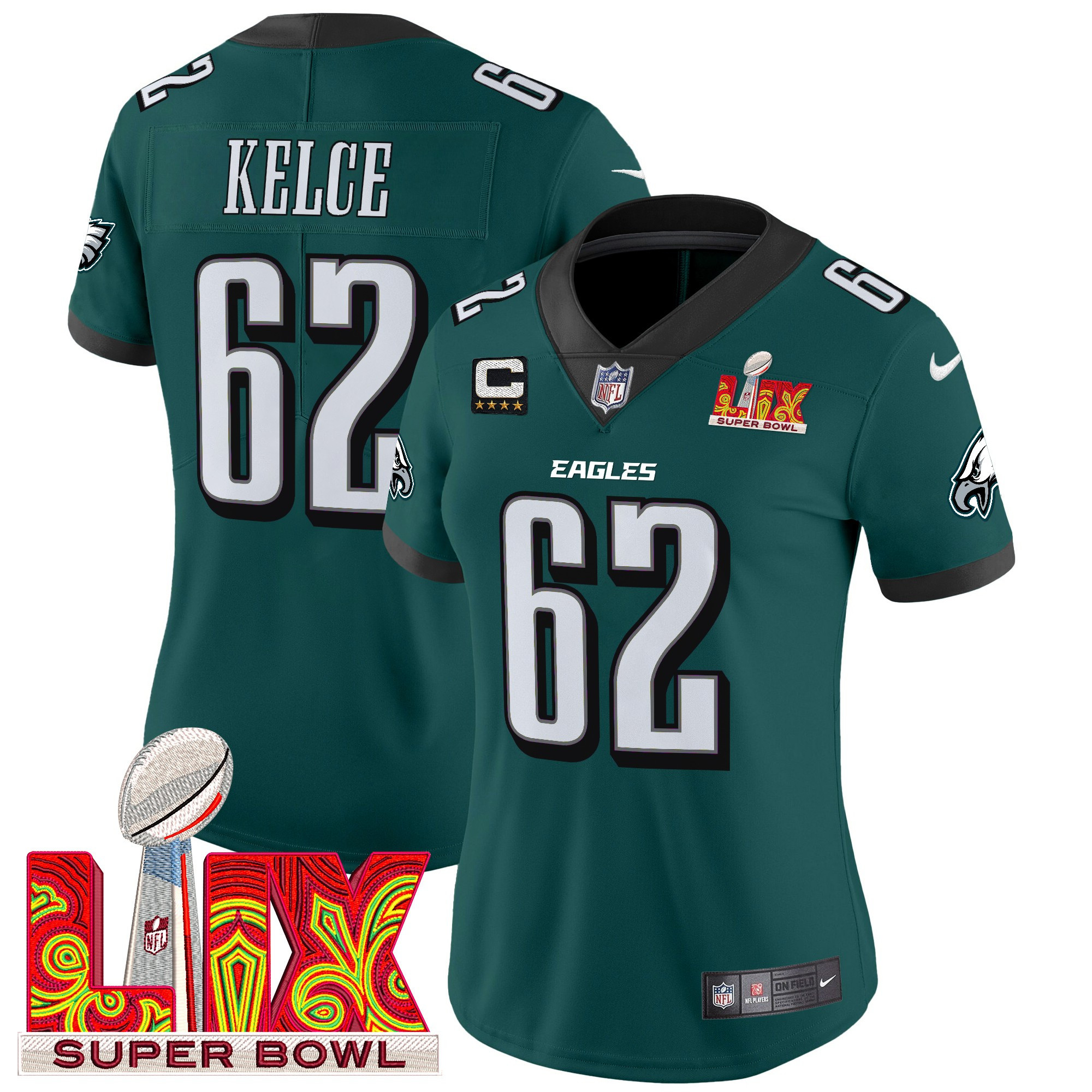 Jason Kelce Women's Philadelphia Eagles Super Bowl LIX Patch Vapor Limited Midnight Green Jersey - All Stitched