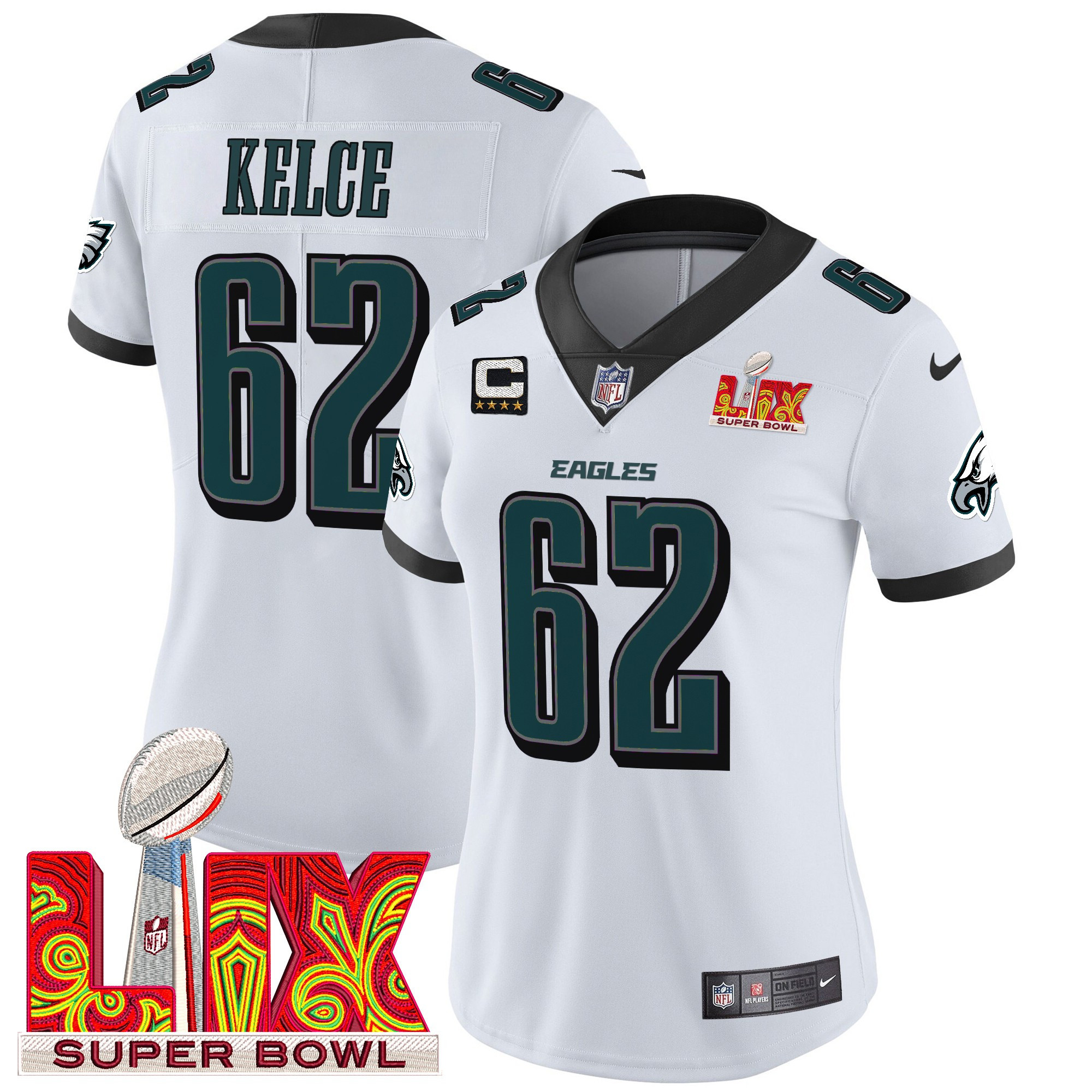 Jason Kelce Women's Philadelphia Eagles Super Bowl LIX Patch Vapor Limited White Jersey - All Stitched