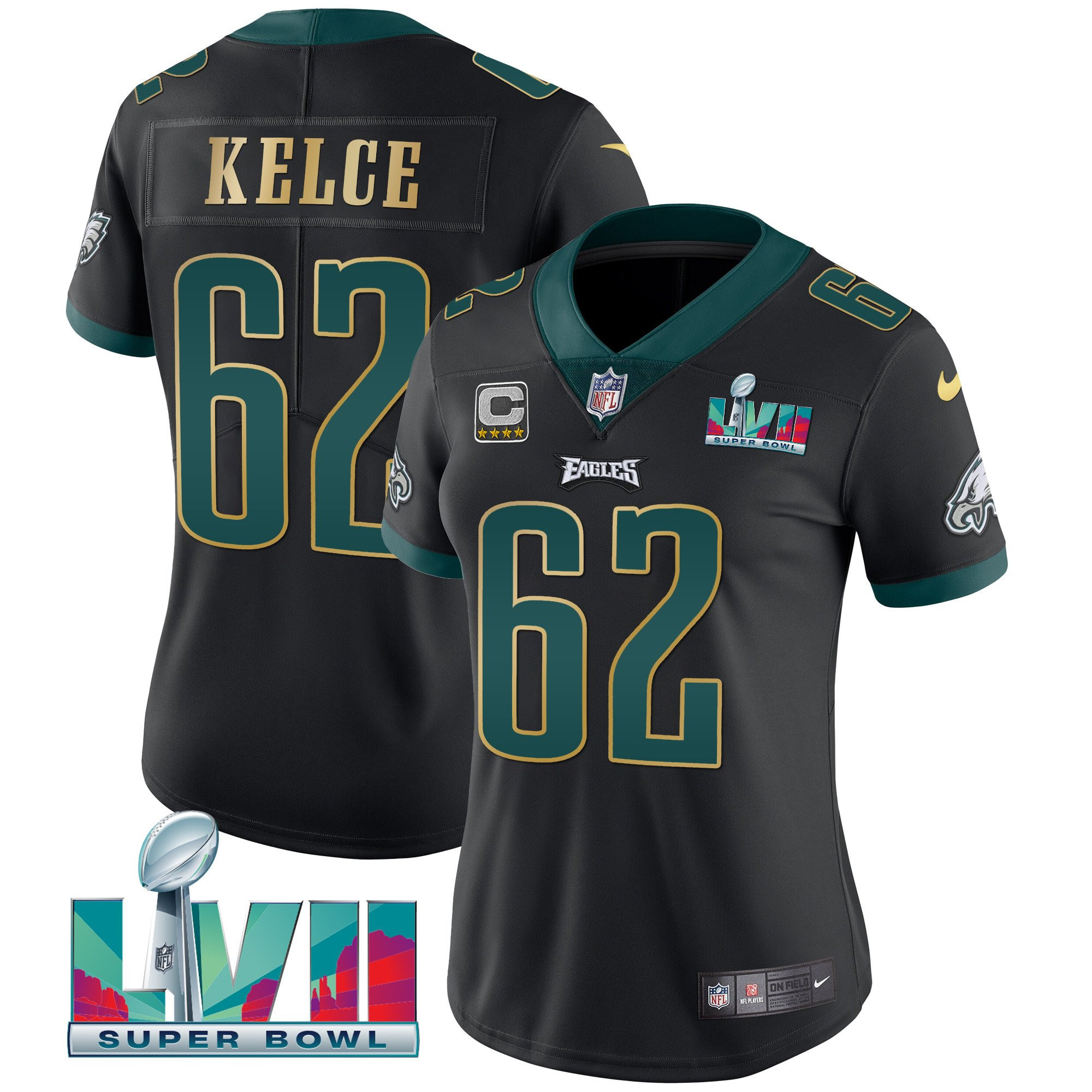 Jason Kelce Women's Philadelphia Eagles Super Bowl LVII Gold Trim Black Gold Trim Jersey - All Stitched