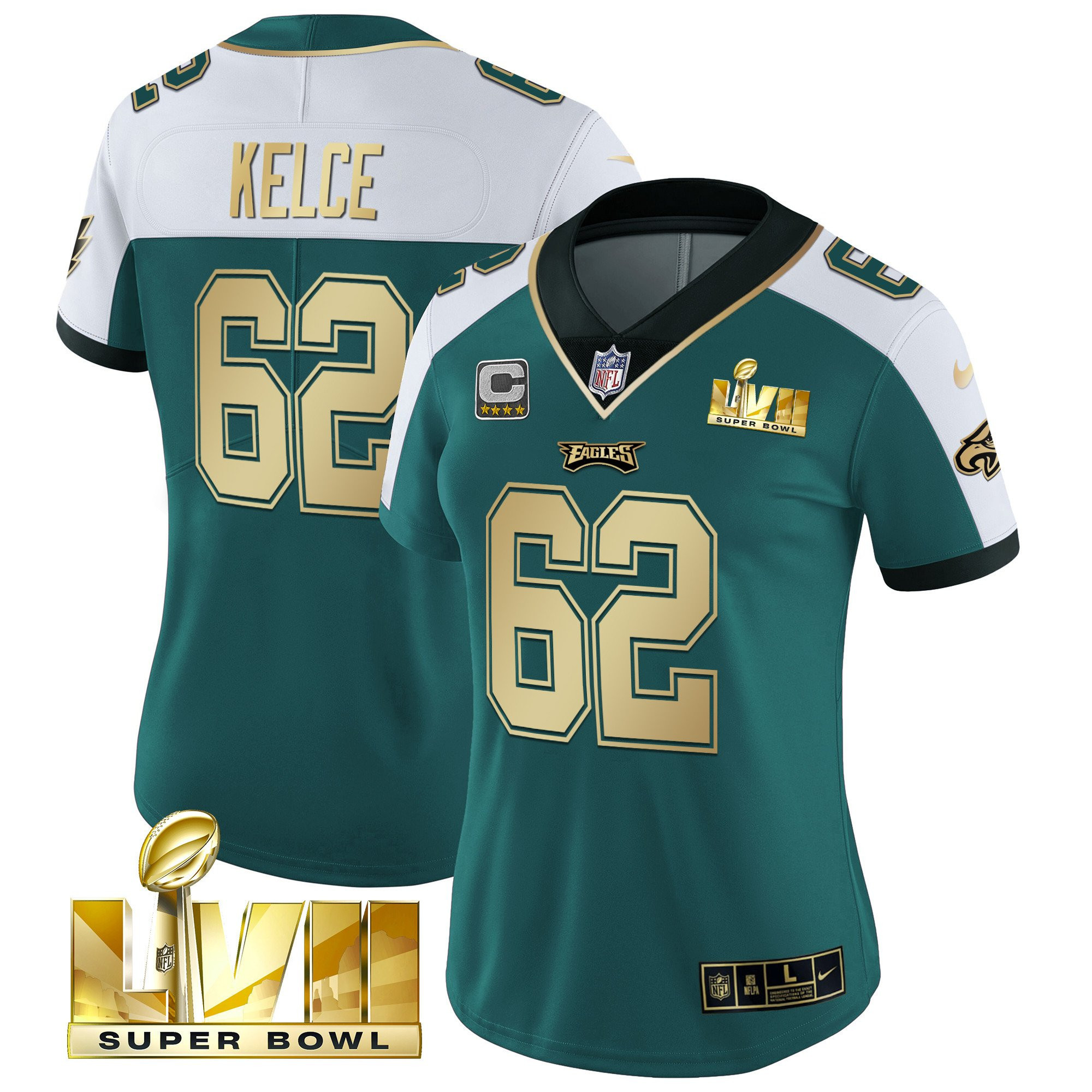 Jason Kelce Women's Philadelphia Eagles Super Bowl LVII Gold Vapor Alternate Green Jersey - All Stitched
