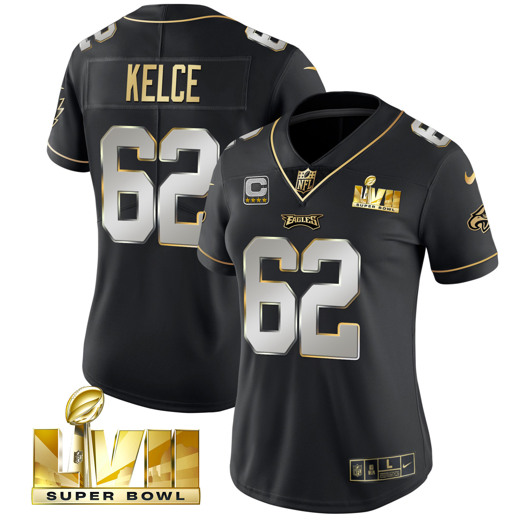 Jason Kelce Women's Philadelphia Eagles Super Bowl LVII Gold Vapor Black Limited Jersey - All Stitched