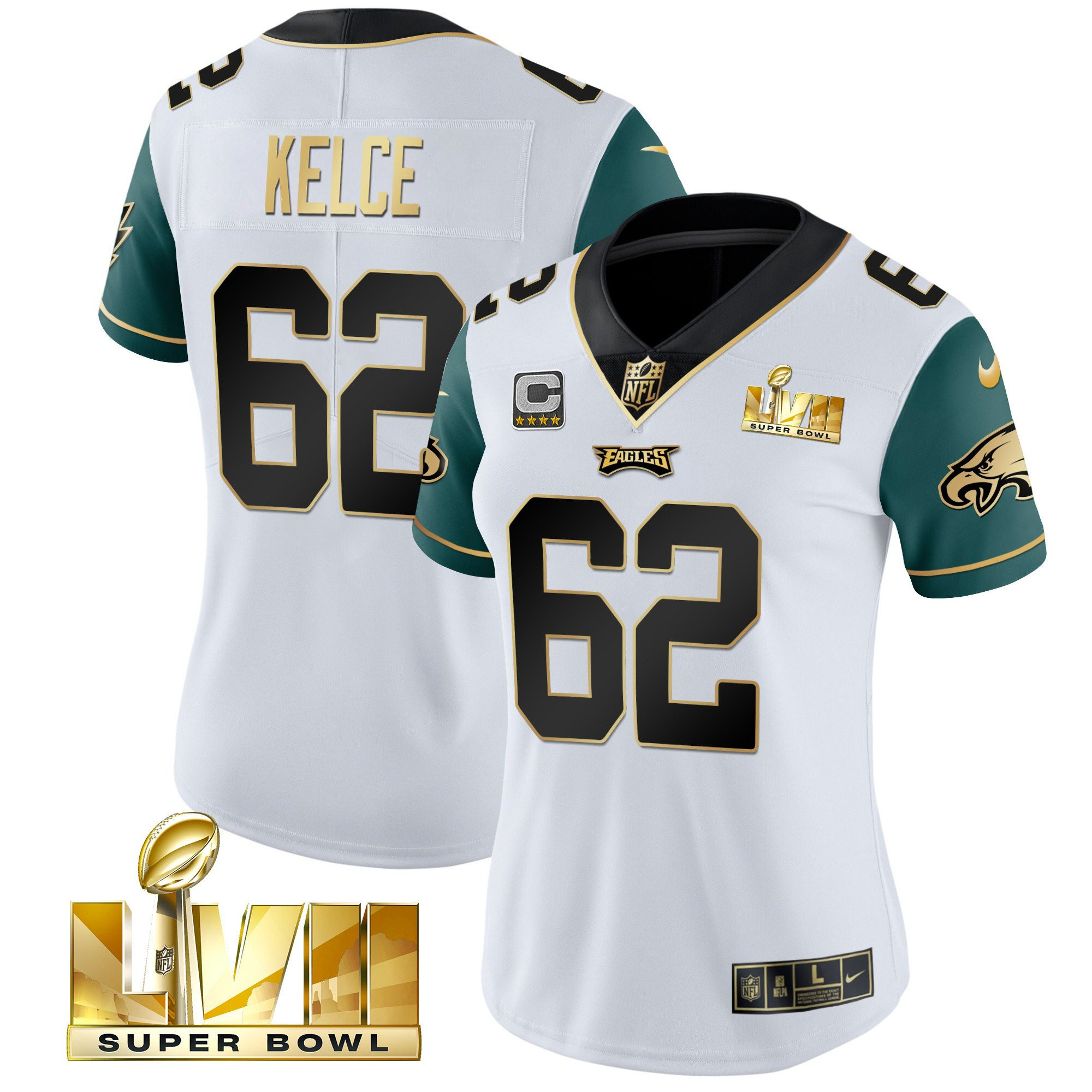 Jason Kelce Women's Philadelphia Eagles Super Bowl LVII Gold Vapor Midnight Green Sleeves Jersey - All Stitched