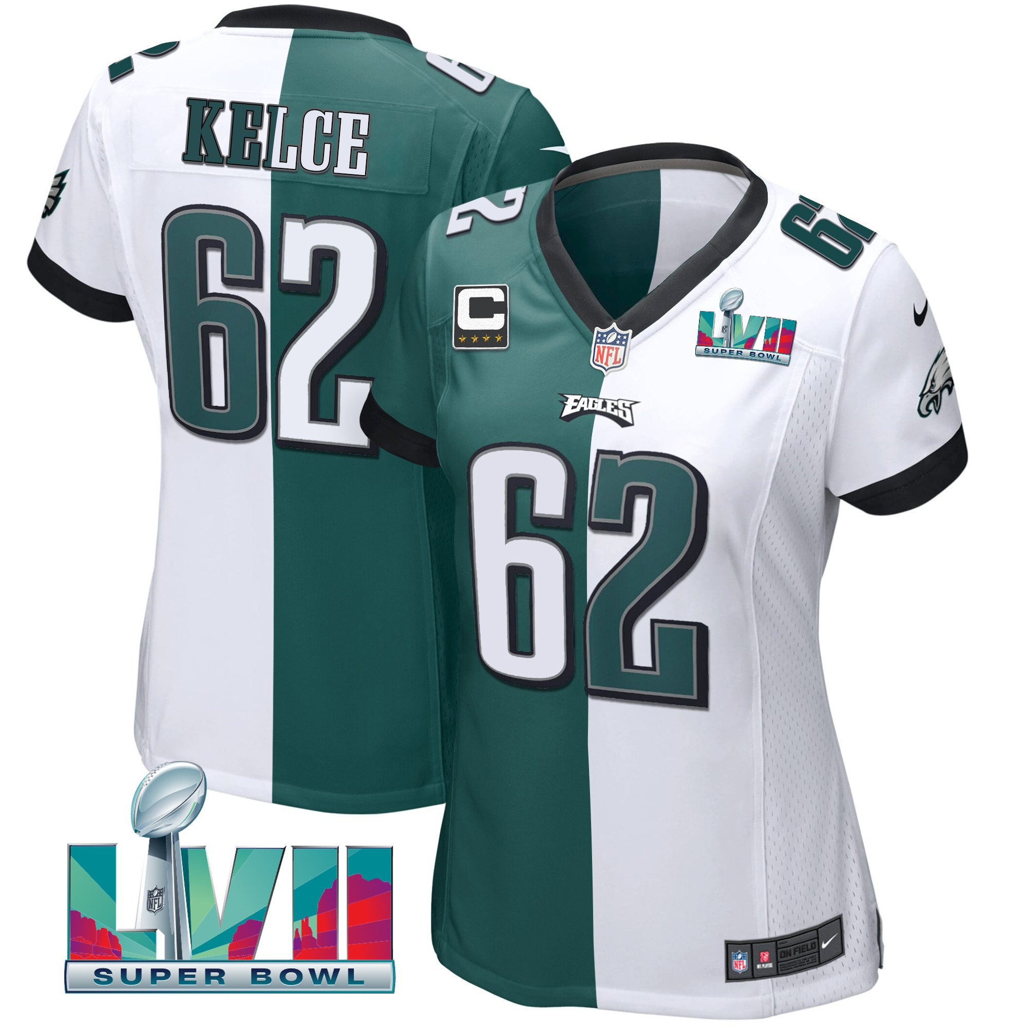 Jason Kelce Women's Philadelphia Eagles Super Bowl LVII Split Split White Green Jersey - All Stitched